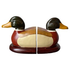 Vintage Wooden Decoy Duck Bookends Americana