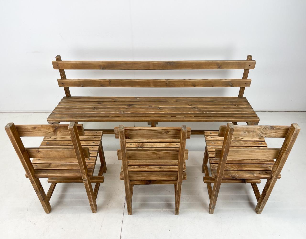 Czech Vintage Wooden Dining Set of Bench & 3 Chairs For Sale