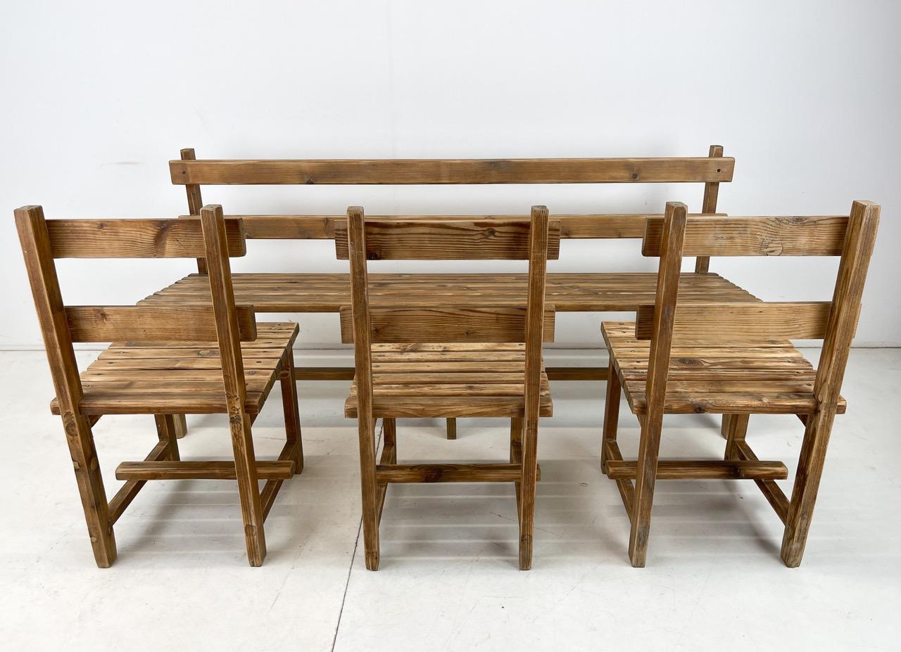 Late 20th Century Vintage Wooden Dining Set of Bench & 3 Chairs For Sale