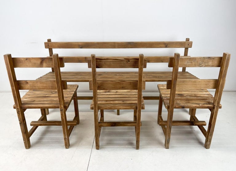 Vintage Wooden Dining Set of Bench and 3 Chairs For Sale at 1stDibs