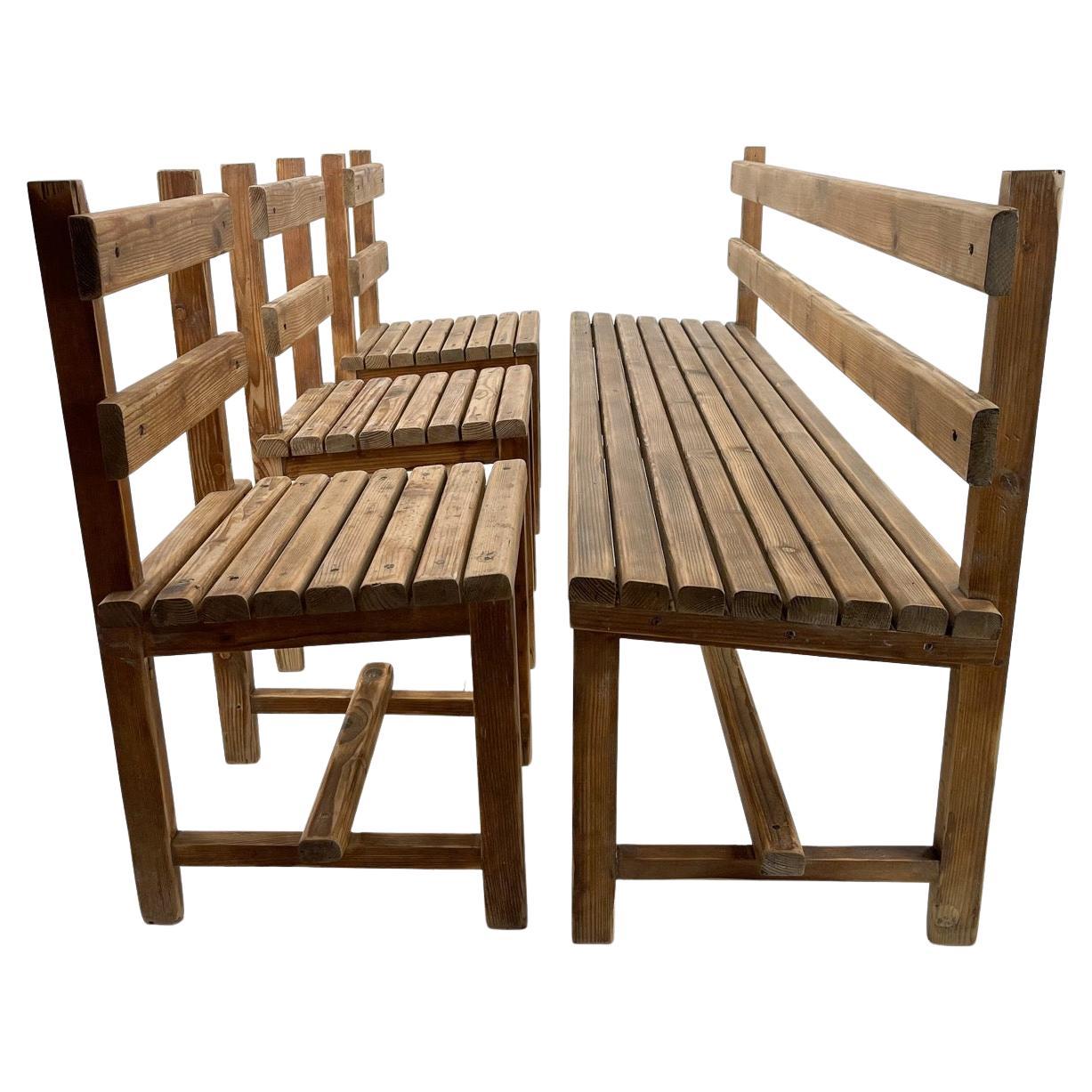Vintage Wooden Dining Set of Bench & 3 Chairs For Sale
