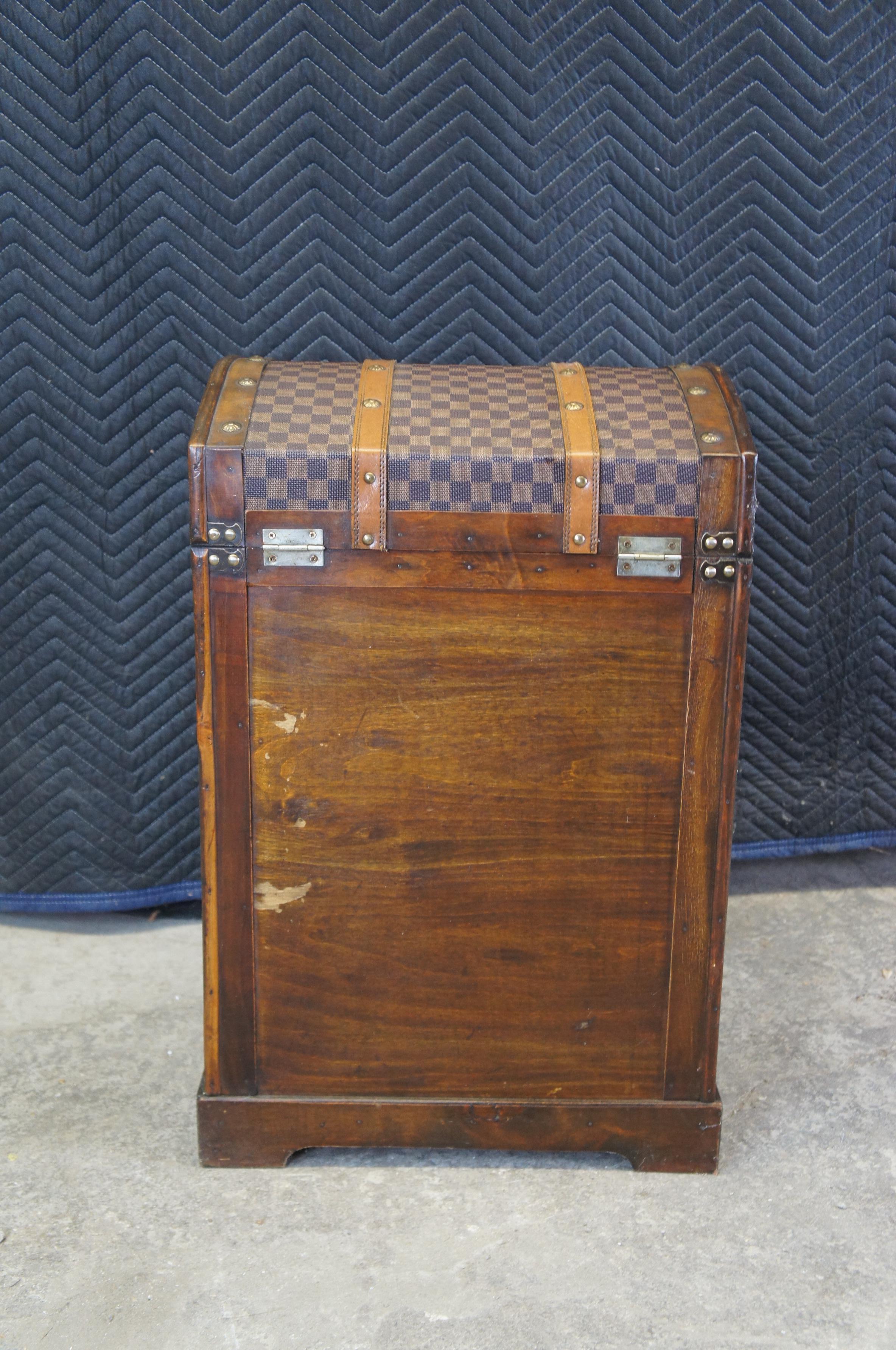 Vintage Wooden Dome Top Storage Trunk Checkered Monogrammed Canvas Chest For Sale 6