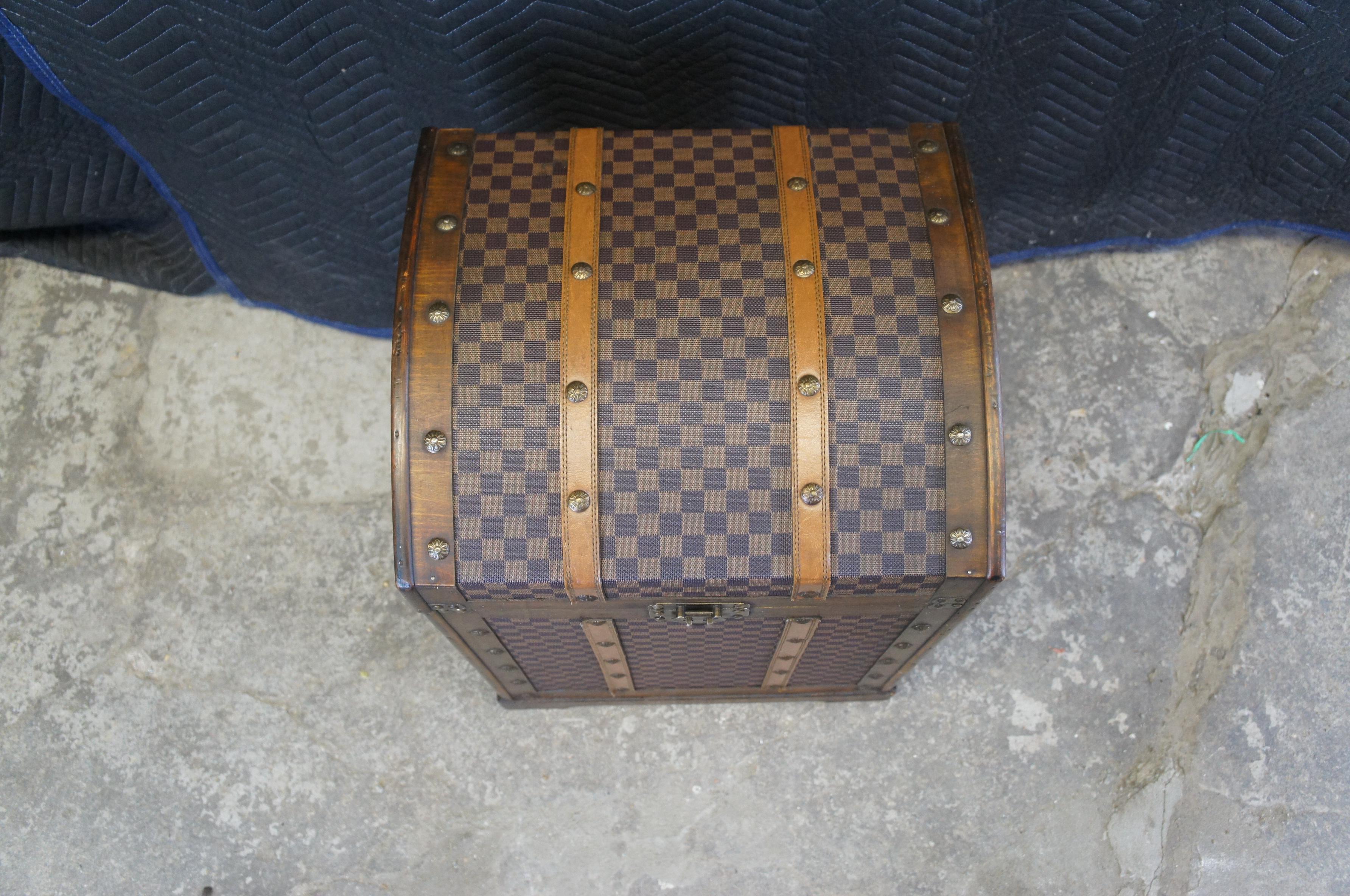 20th Century Vintage Wooden Dome Top Storage Trunk Checkered Monogrammed Canvas Chest For Sale