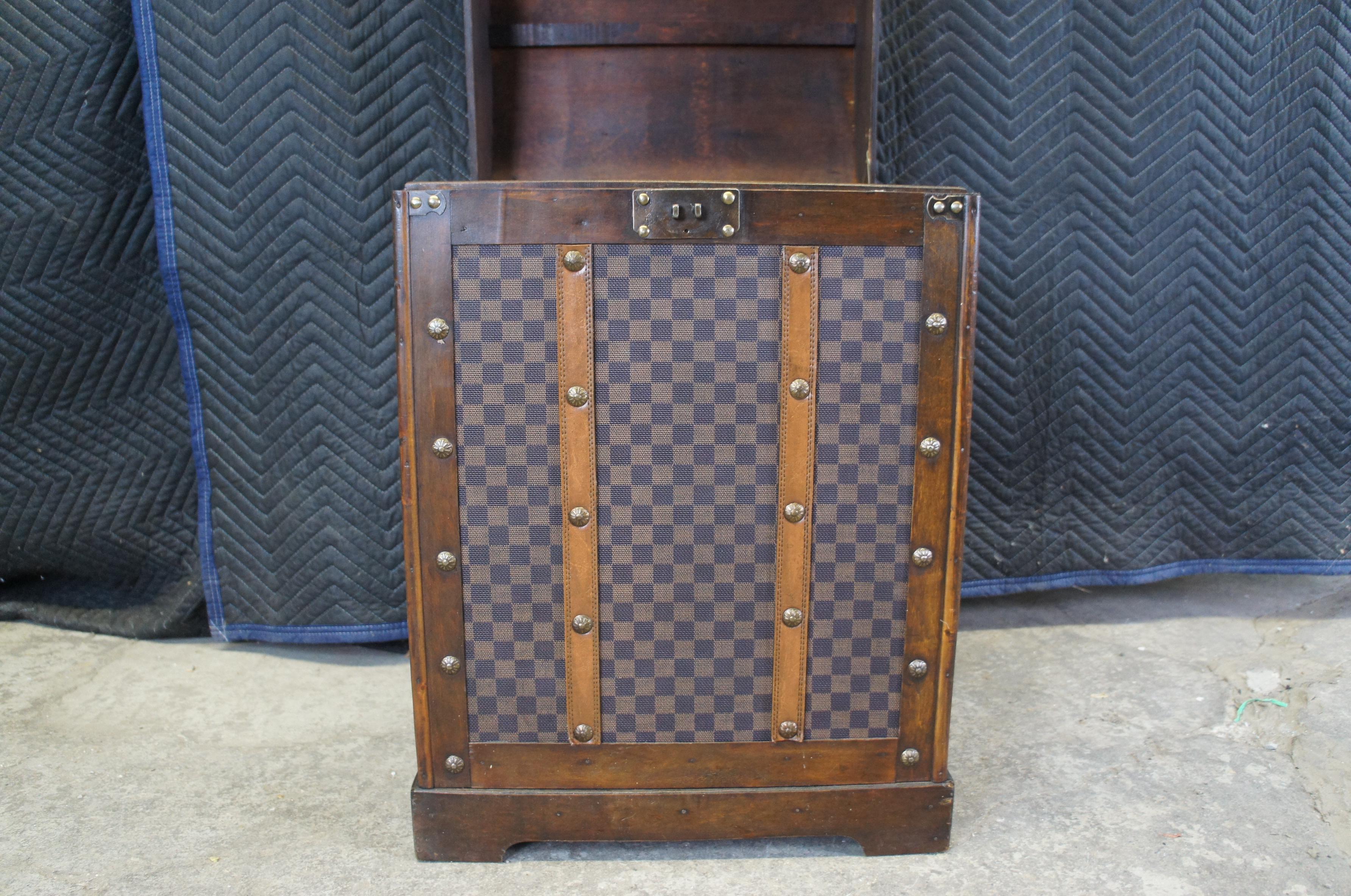 Vintage Wooden Dome Top Storage Trunk Checkered Monogrammed Canvas Chest For Sale 2