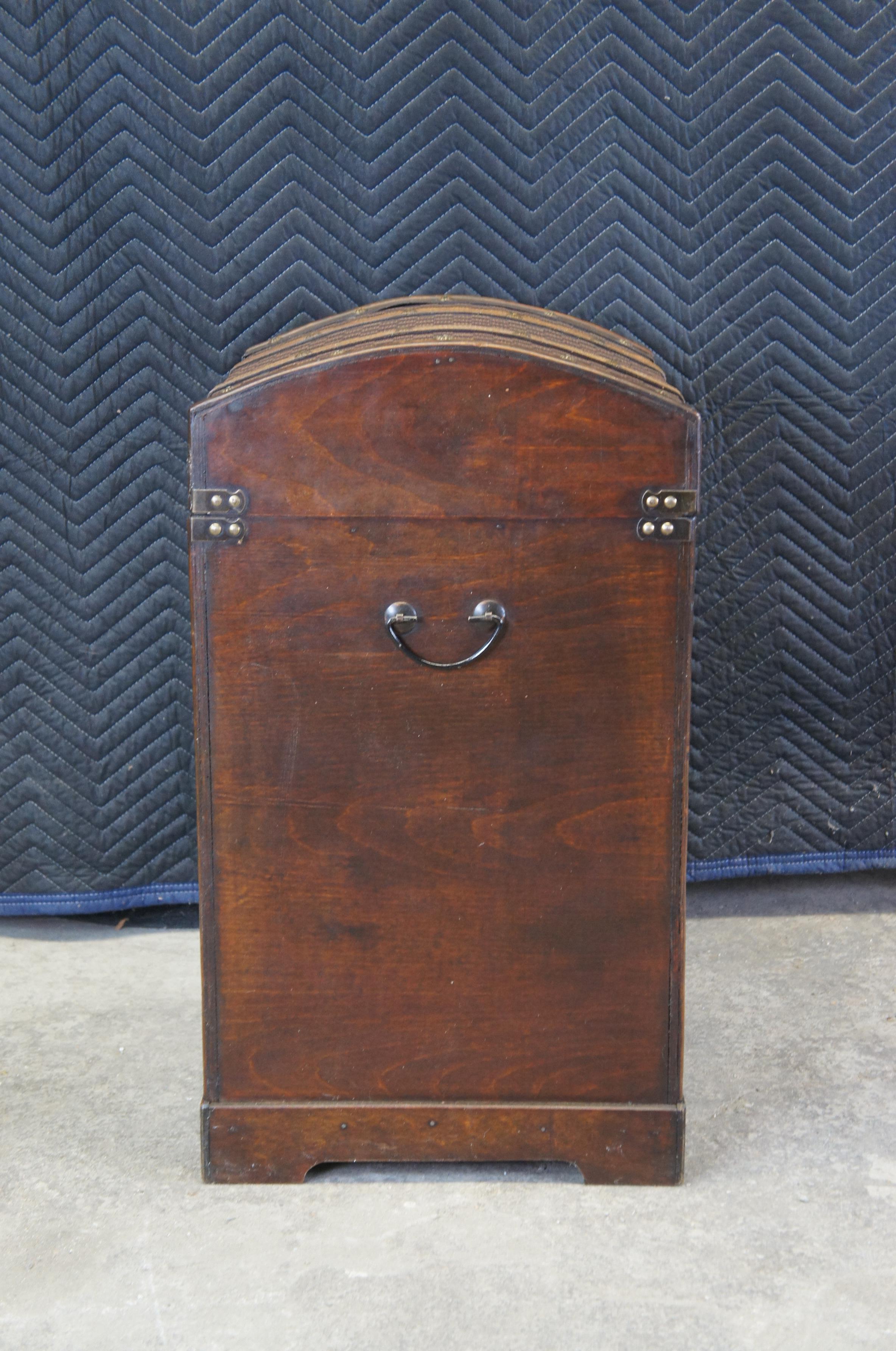 Vintage Wooden Dome Top Storage Trunk Checkered Monogrammed Canvas Chest For Sale 4