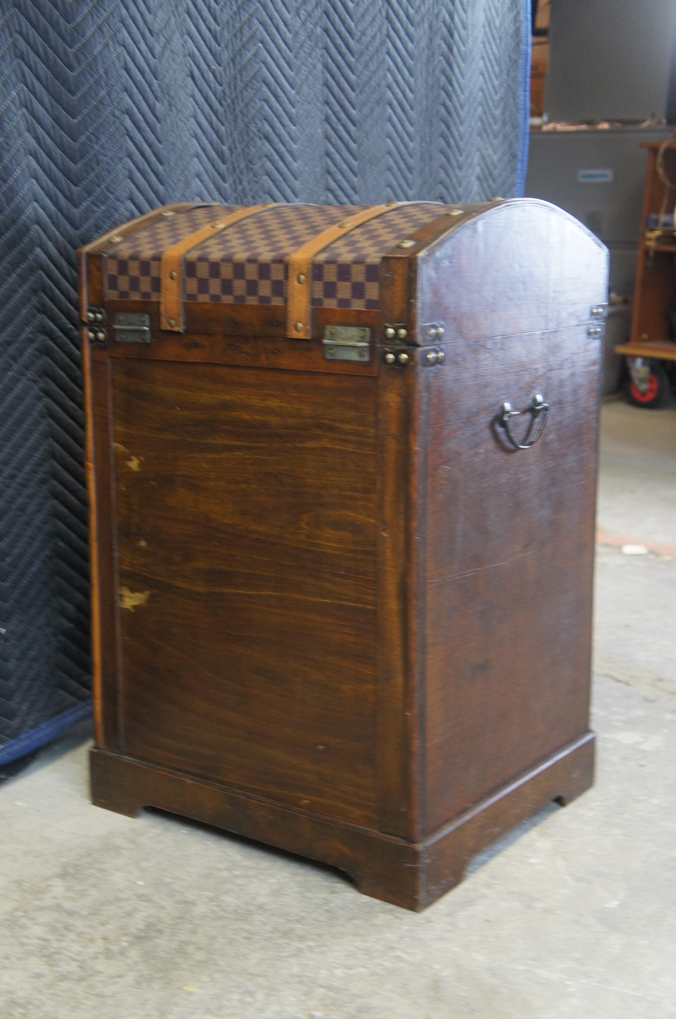 Vintage Wooden Dome Top Storage Trunk Checkered Monogrammed Canvas Chest For Sale 5