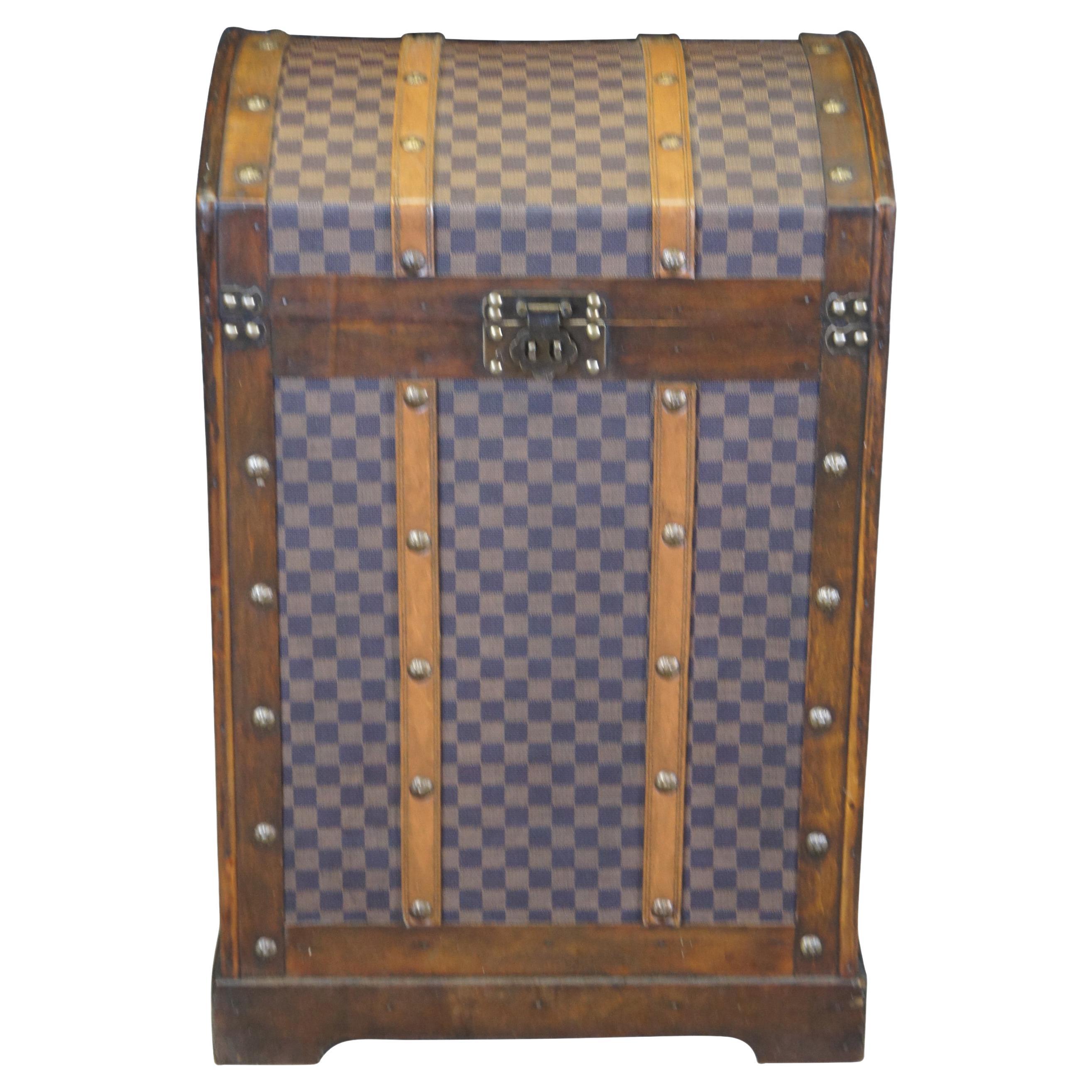 Vintage Wooden Dome Top Storage Trunk Checkered Monogrammed Canvas Chest For Sale