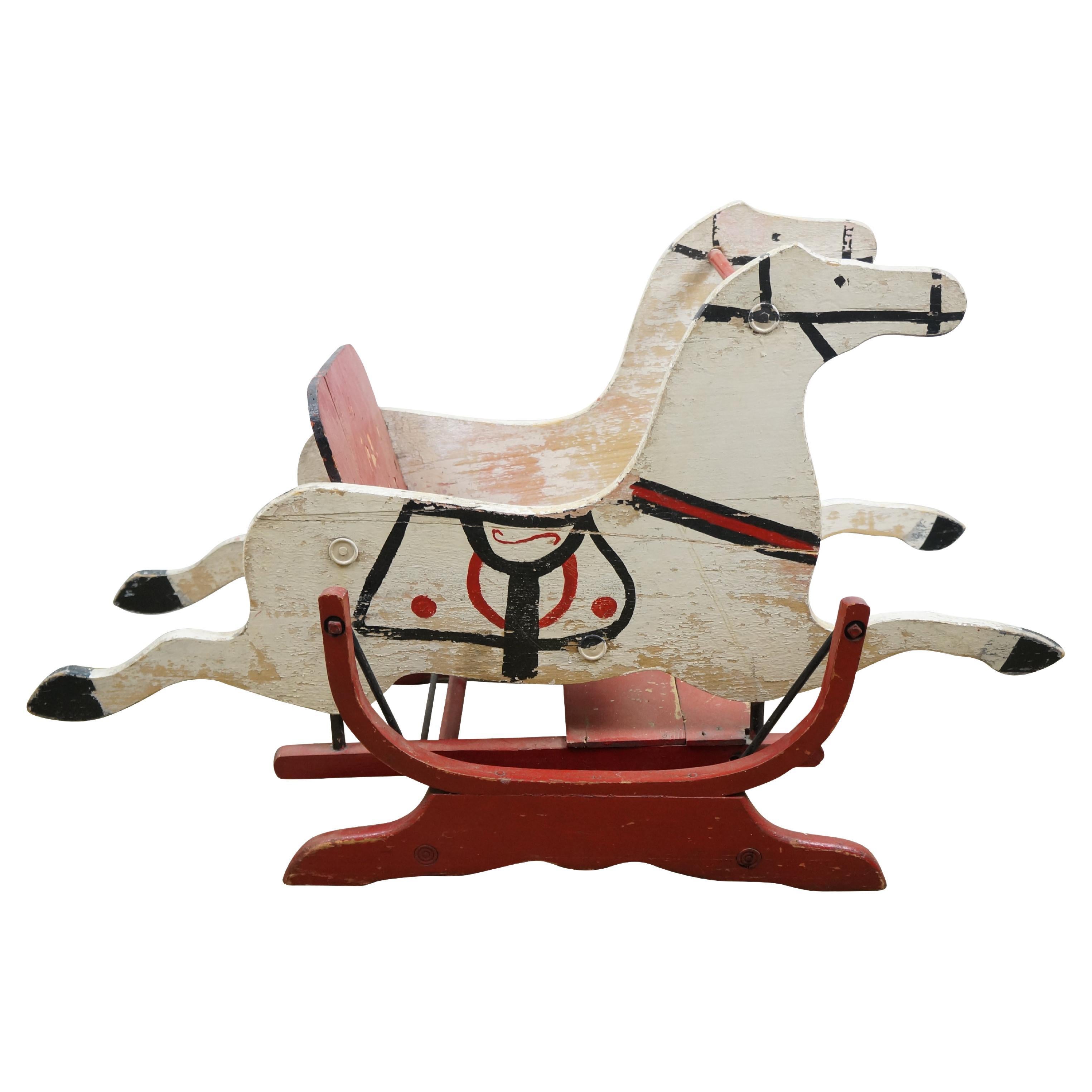 Vintage Wooden Double Horse Shoo Fly Rocking Horse Children
s Glider 39"