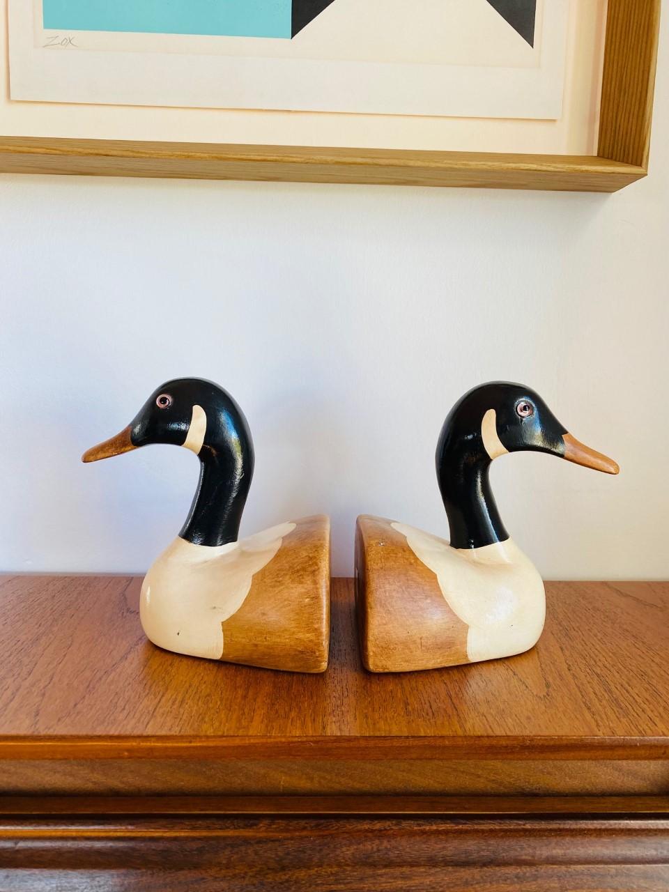 Hand-Crafted Vintage Wooden Duck Bookends by N.S. Gustin Co