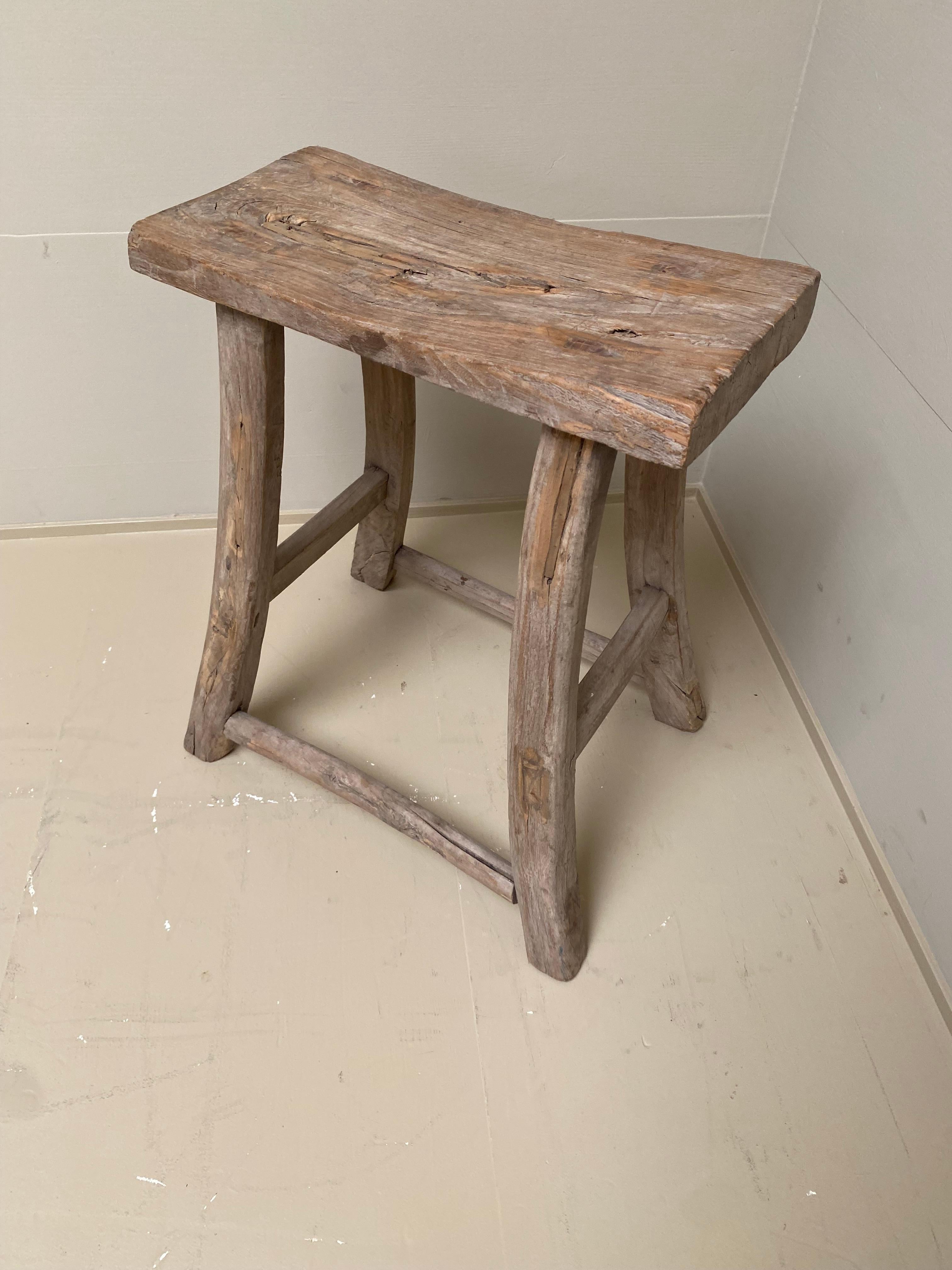  Vintage Wooden Elm Rustic Timber Rectangular Stools, 1960s 4