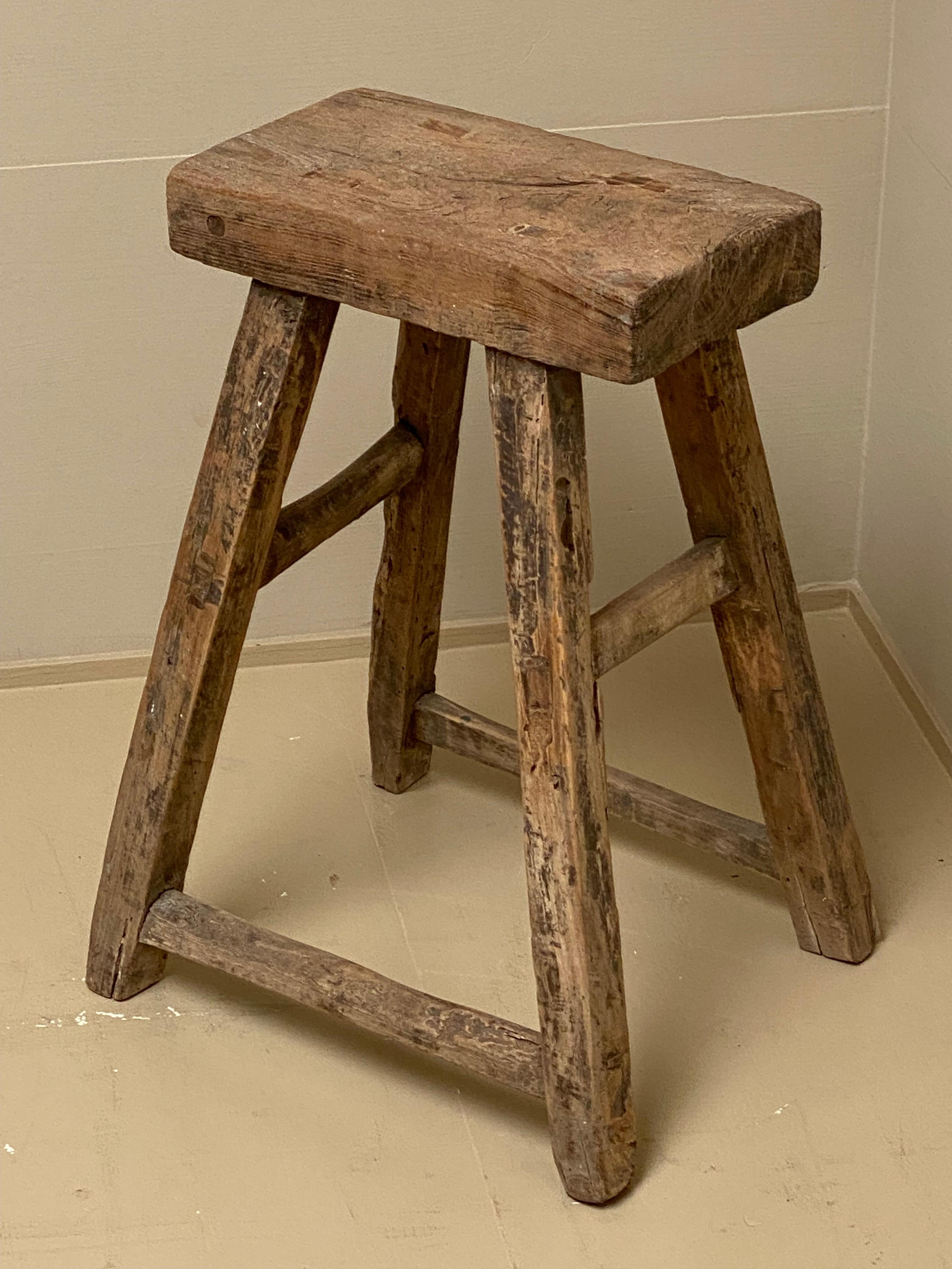  Vintage Wooden Elm Rustic Timber Rectangular Stools, 1960s 10