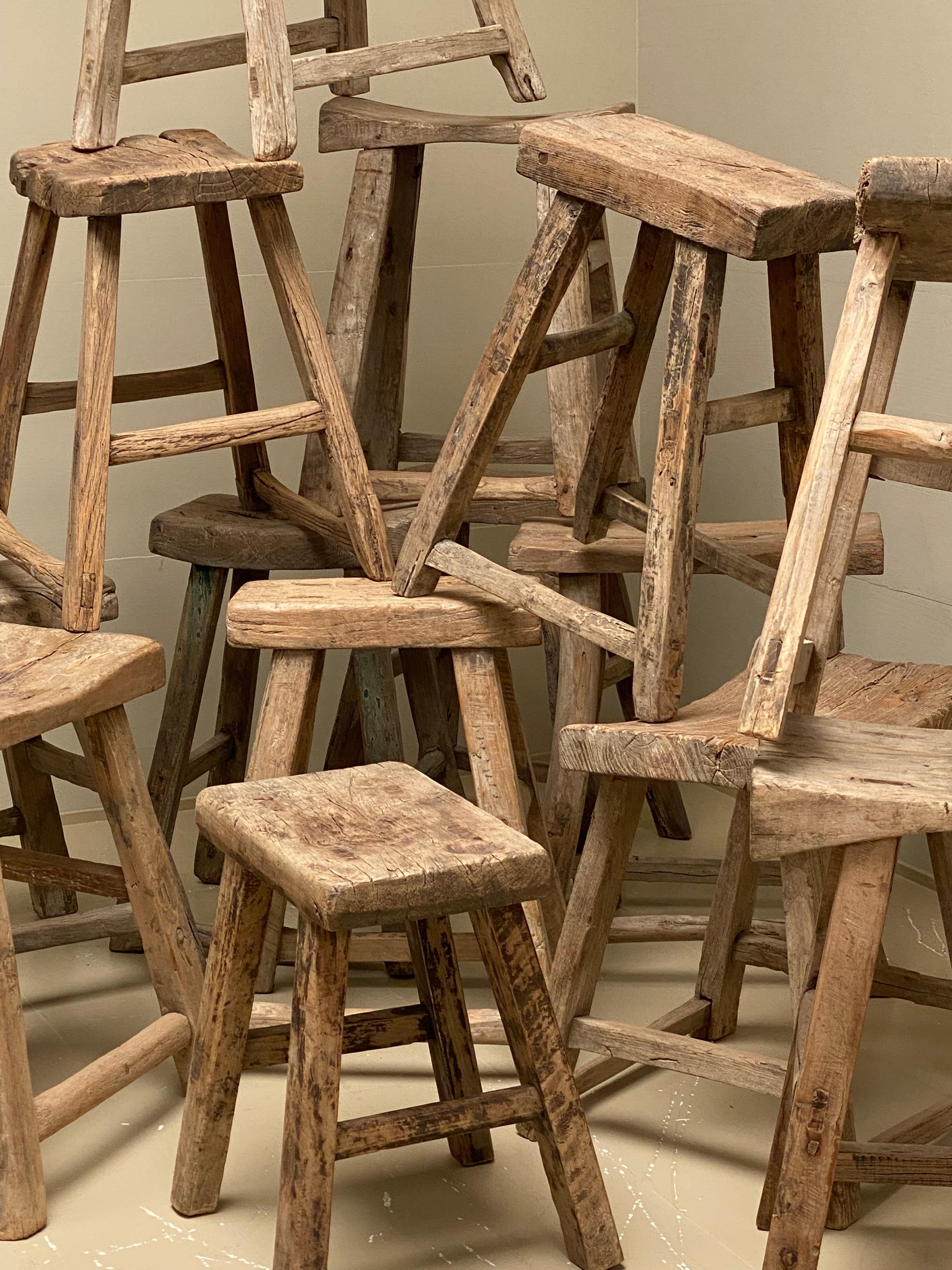  Vintage Wooden Elm Rustic Timber Rectangular Stools, 1960s 13