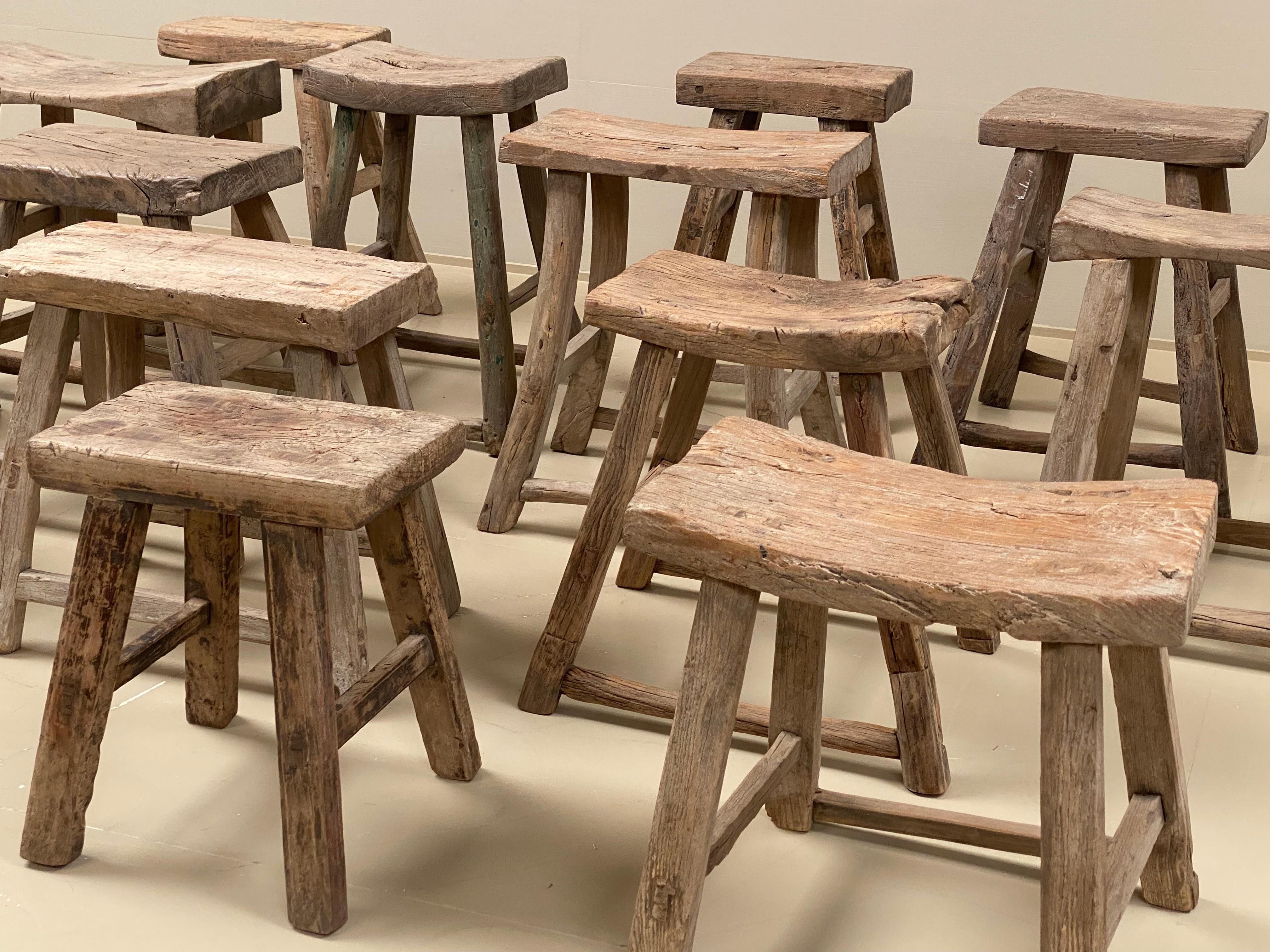 Collection of Chinese Wooden Elm Rectangular stools,
each piece is truly unique, some of them have traces of old paint,
beautiful old patina, warm and worn finish of the wood,
the stools can be used for seating or as a side table; great for any