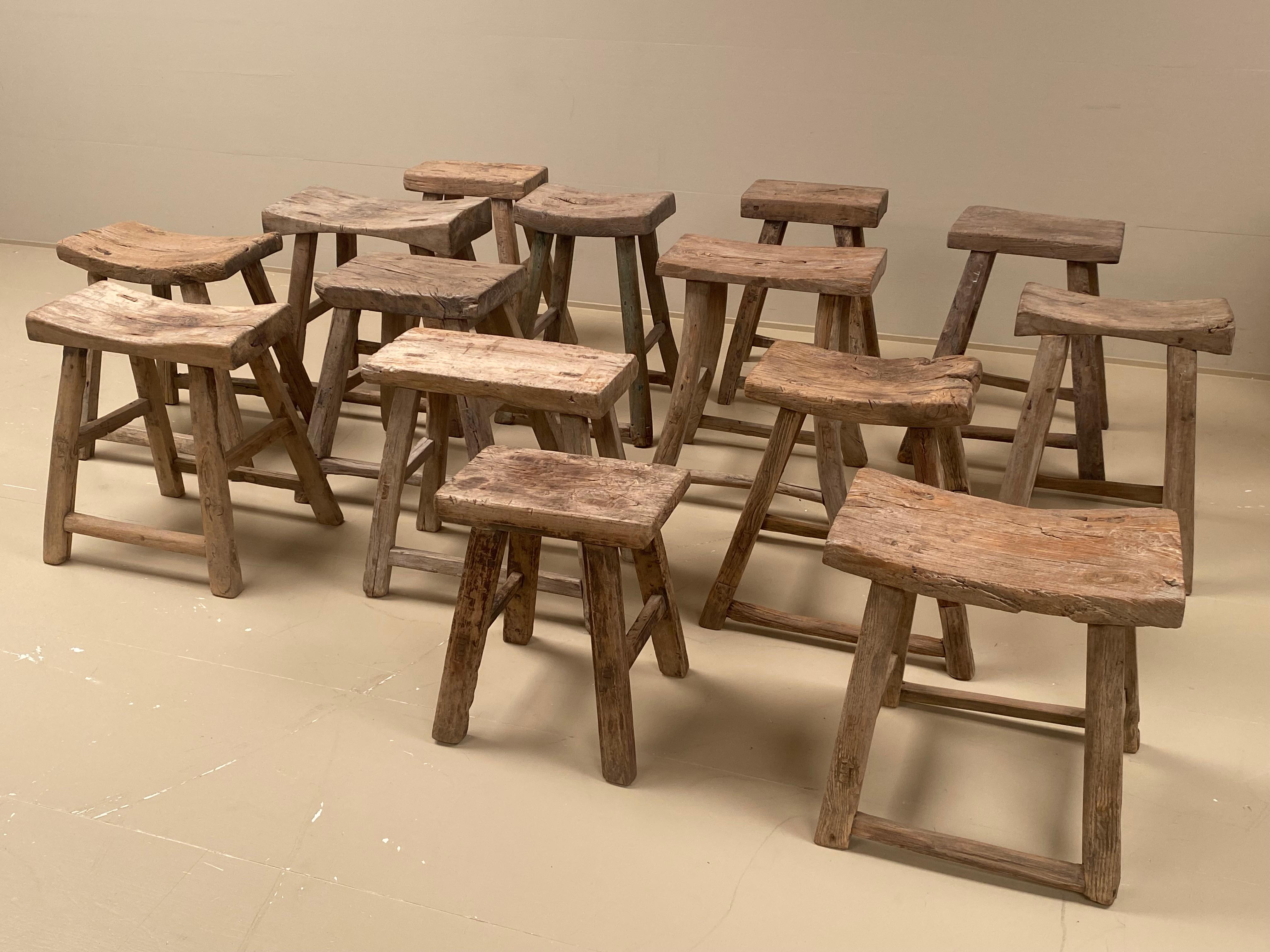 Chinese  Vintage Wooden Elm Rustic Timber Rectangular Stools, 1960s