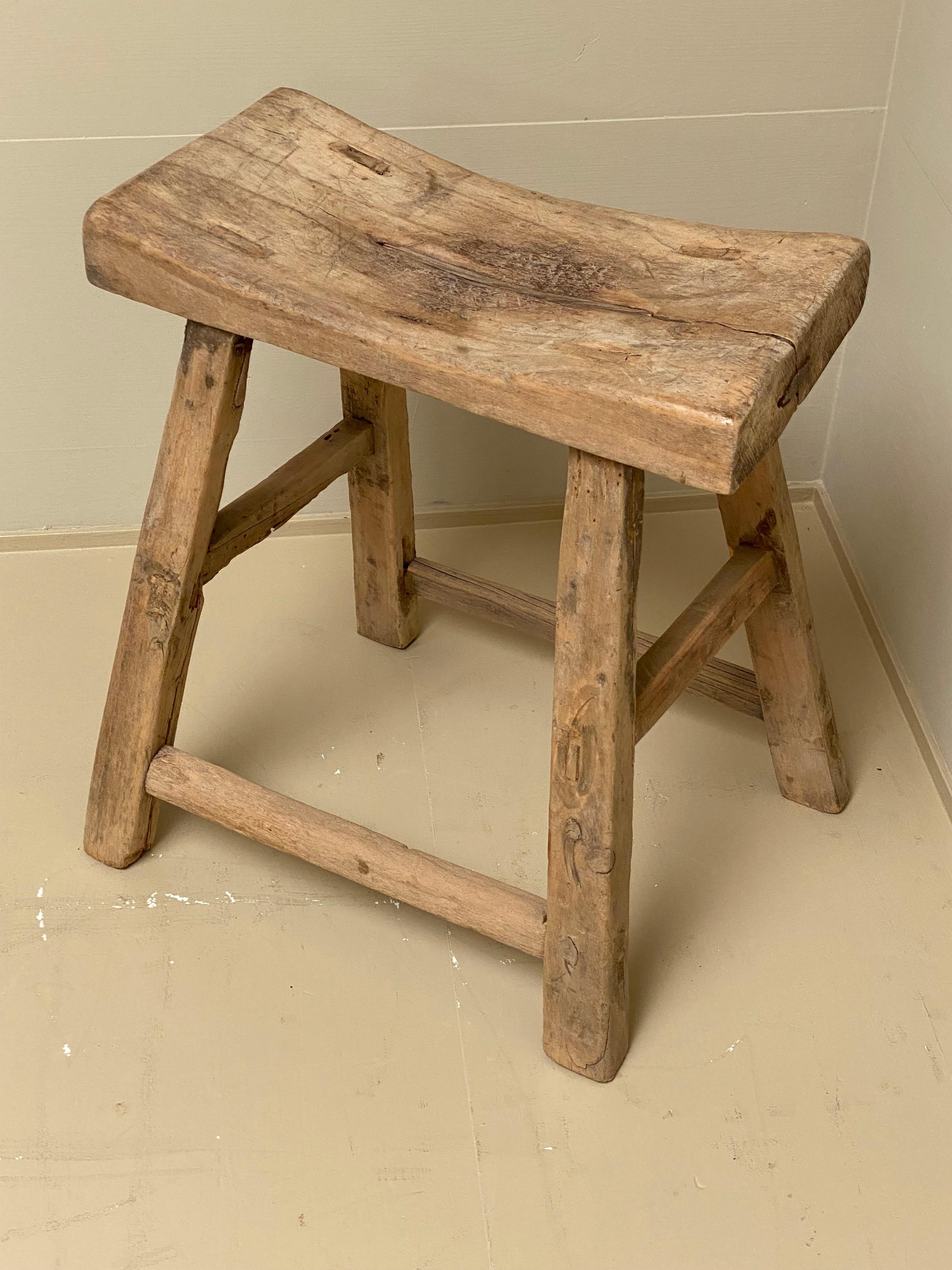  Vintage Wooden Elm Rustic Timber Rectangular Stools, 1960s In Good Condition In Schellebelle, BE