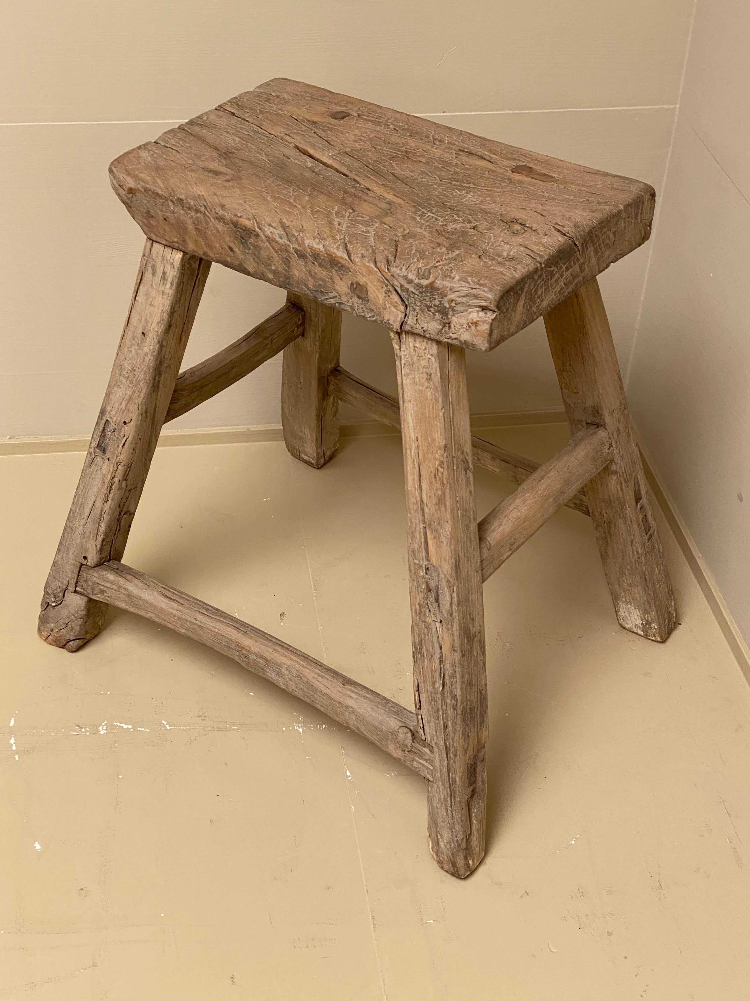 Mid-20th Century  Vintage Wooden Elm Rustic Timber Rectangular Stools, 1960s