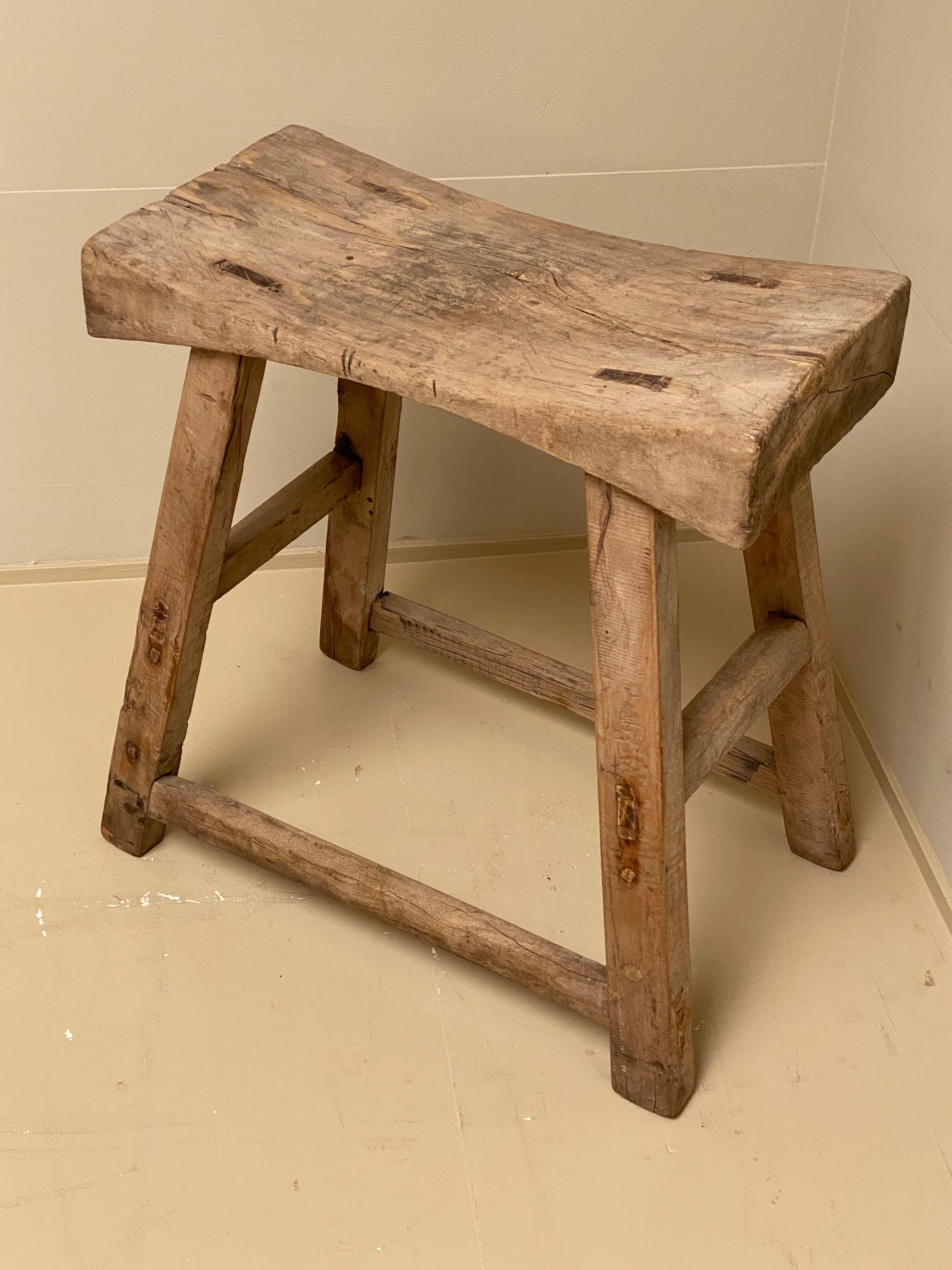  Vintage Wooden Elm Rustic Timber Rectangular Stools, 1960s 1