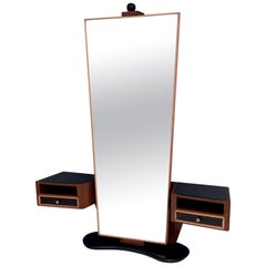 Espejo organizador vintage de madera para la entrada con tapa de cristal negro, Italia