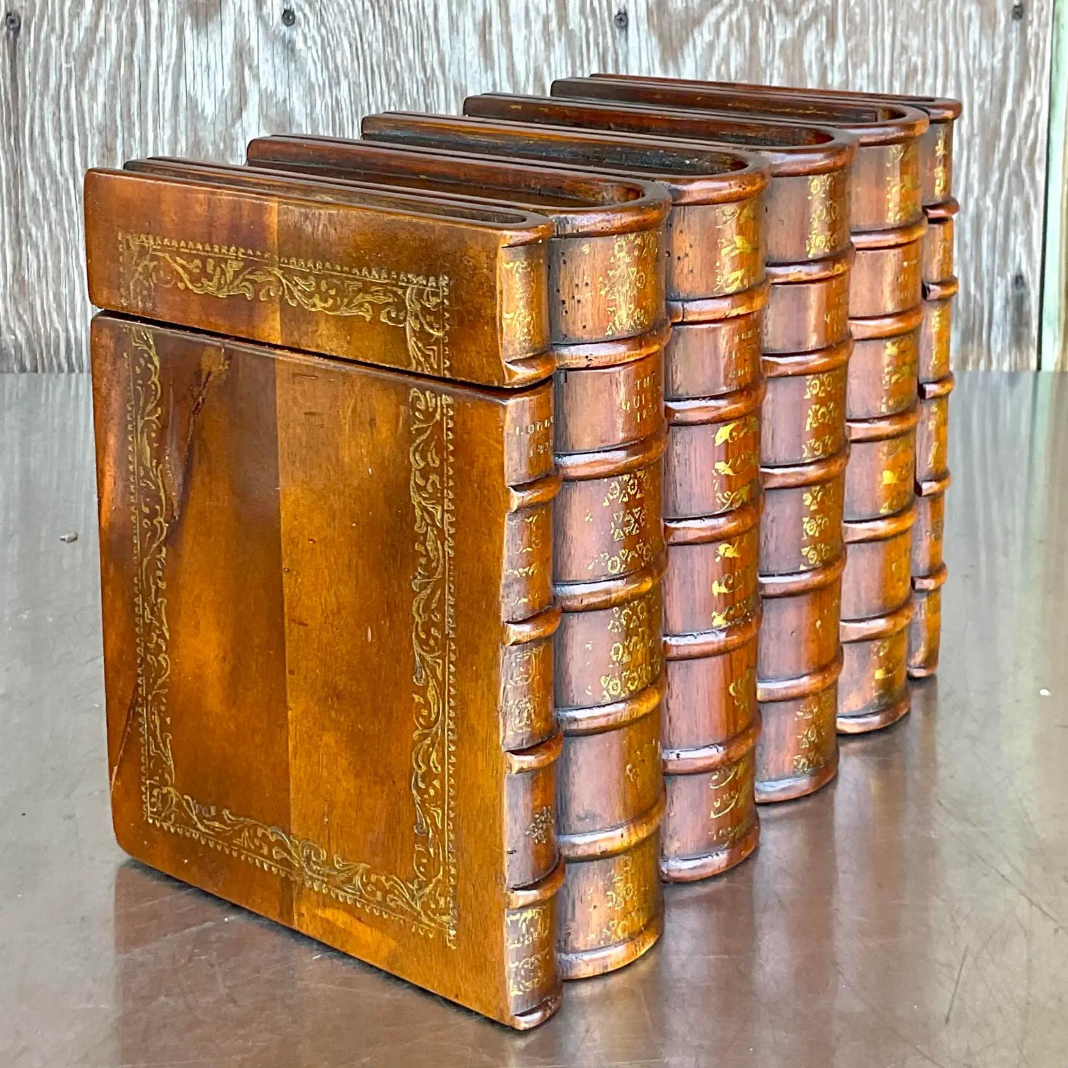 Bohemian Vintage Wooden Faux Leather Bound Book Storage Box For Sale