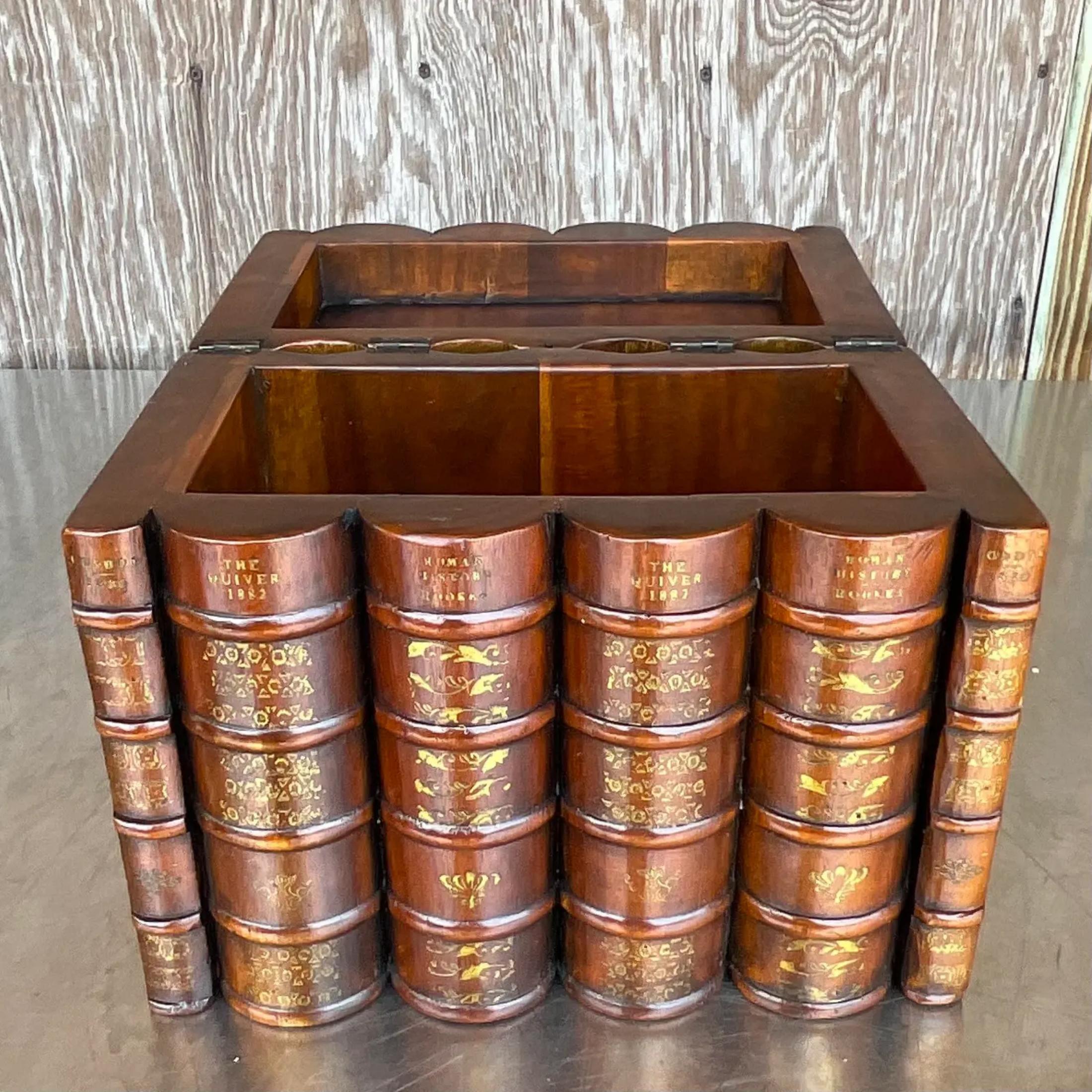 American Vintage Wooden Faux Leather Bound Book Storage Box For Sale