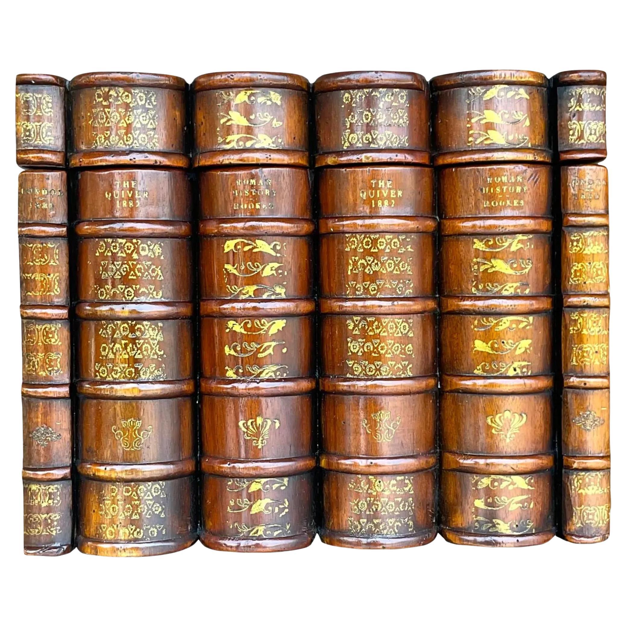 Vintage Wooden Faux Leather Bound Book Storage Box For Sale