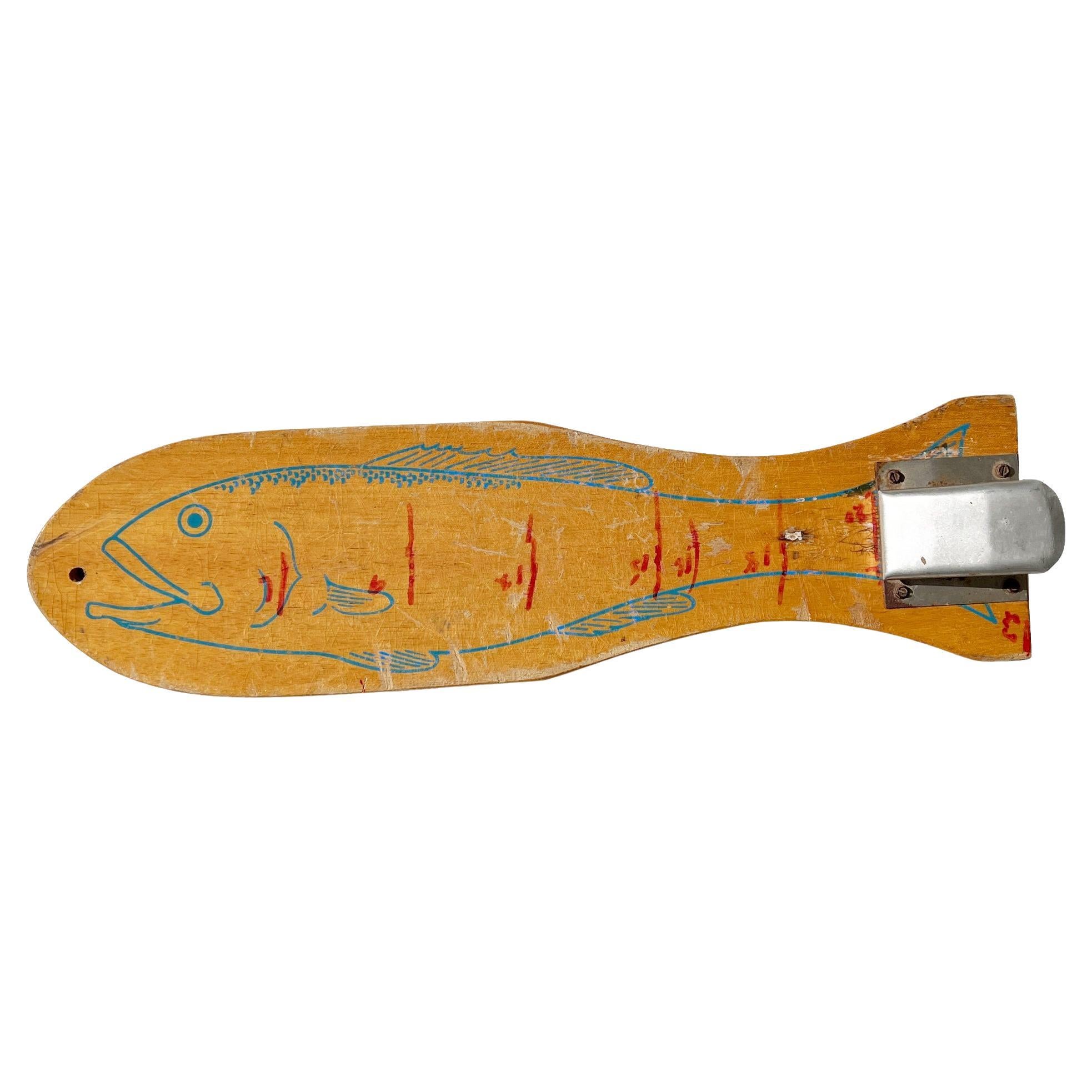 Vintage Wooden Fish Filleting Board with Metal Clamp – Nautical Folk Art For Sale