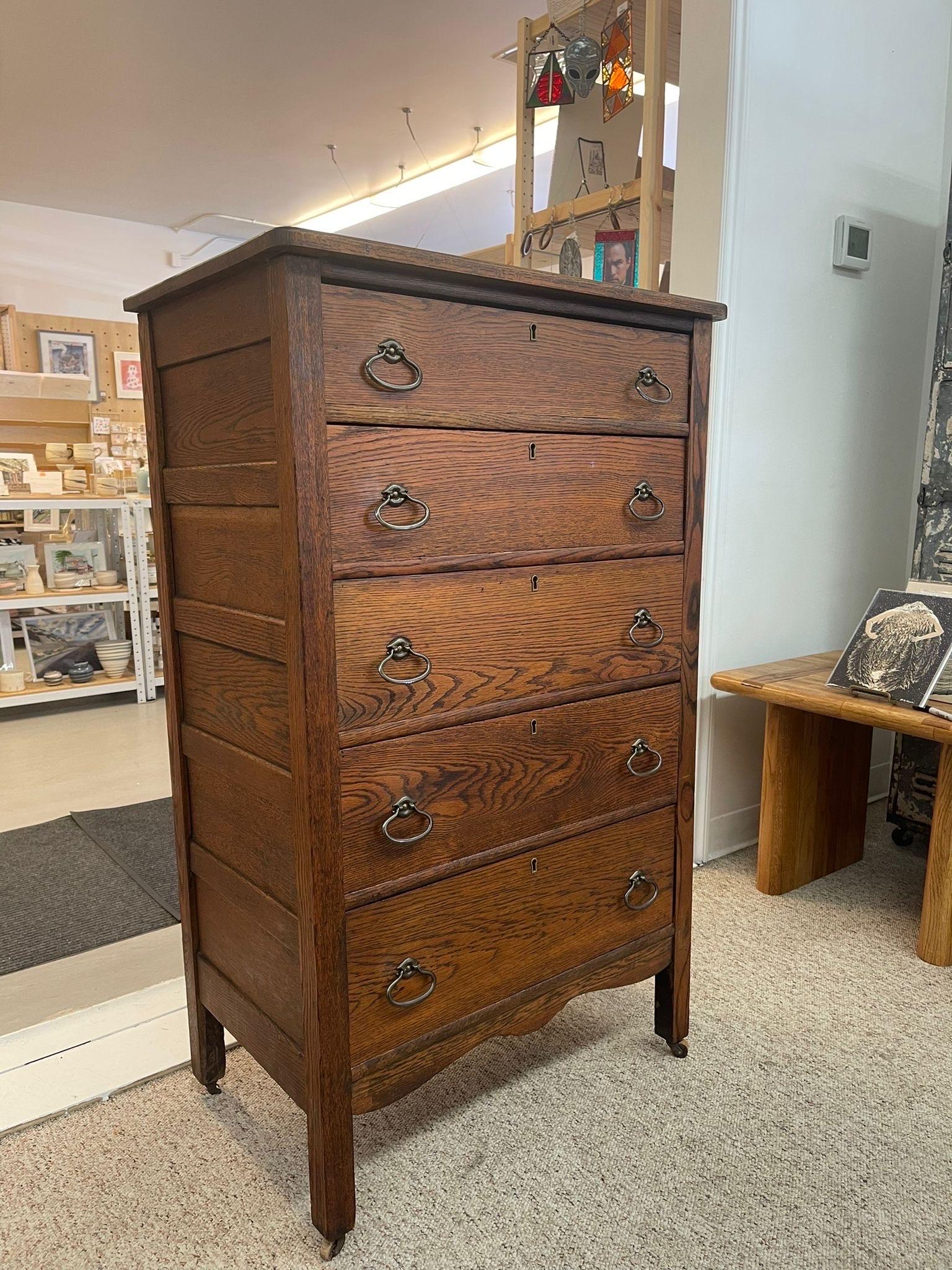 Mid-Century Modern Vintage Wooden Five Drawer Tall Dresser. For Sale