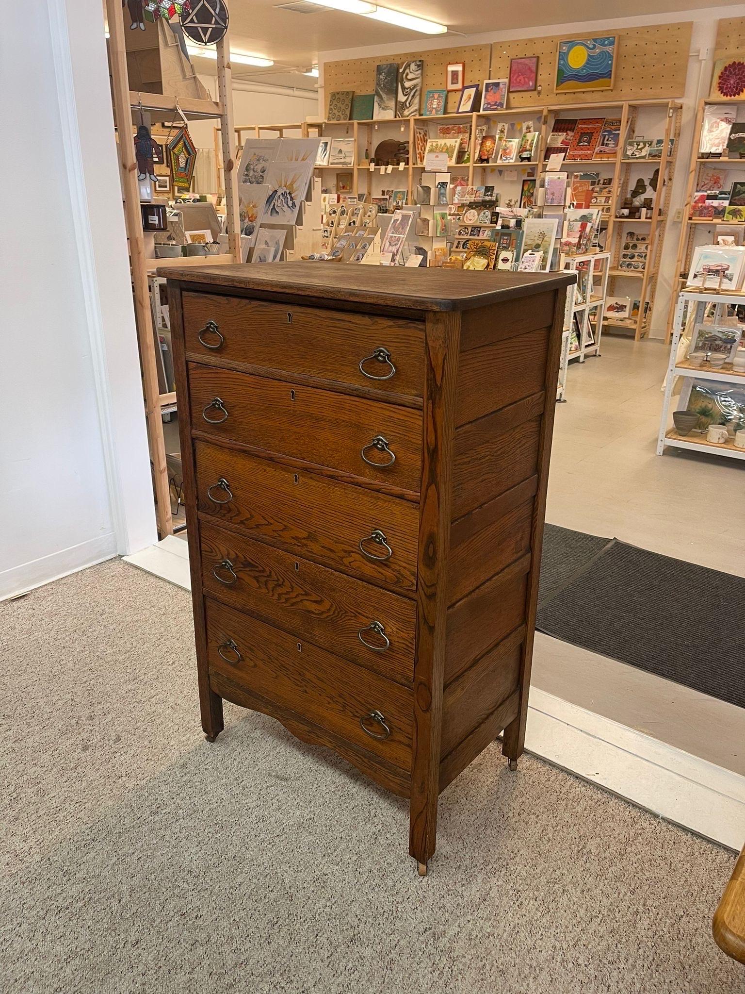 Vintage Wooden Five Drawer Tall Dresser. In Good Condition For Sale In Seattle, WA