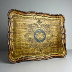 Bandeja vintage de madera florentina dorada, Italia Años 60