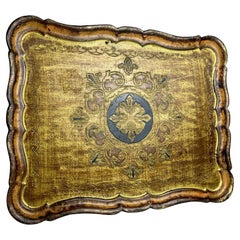 Bandeja vintage de madera florentina dorada, Italia Años 60