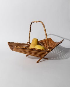 Vintage Wooden Foldable Fruit Basket with Bamboo Design, 1960s