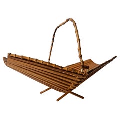 Vintage Wooden Foldable Fruit Basket with Bamboo Design, 1960s