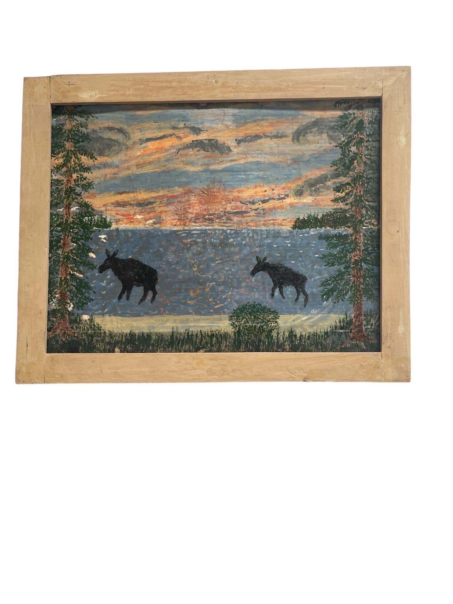 Vintage Wooden Frame Abstract Nature Drawing. Moose in Lake Drawing. Possibly Pastel.

Dimensions. 26 1/2 W ; 1/2 D ; 21 H