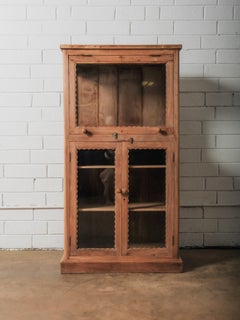 Vintage Wooden Glass Display Cabinet with Scalloped Trim and Dual-Sided Doors