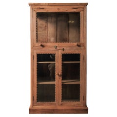 Vintage Wooden Glass Display Cabinet with Scalloped Trim and Dual-Sided Doors