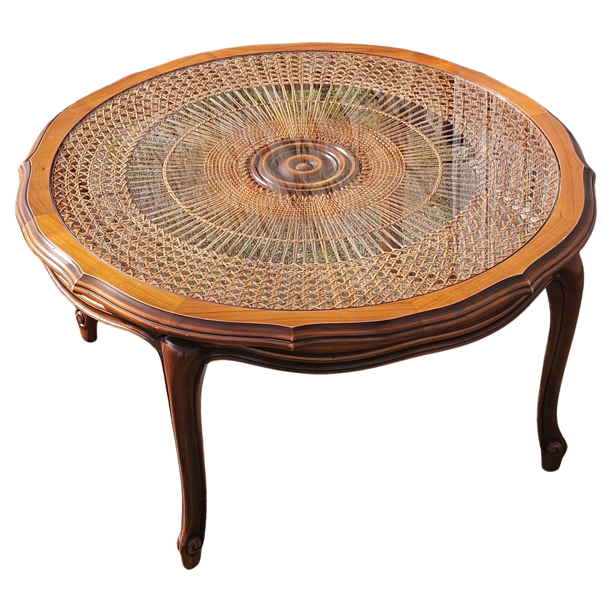 Vintage Wooden Glass&Rattan Coffee Table-Big Cane Lounge Table-Style Louis XV
