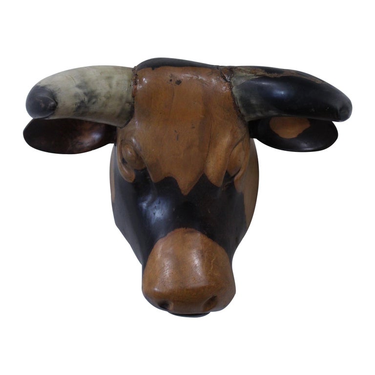 Vintage Wooden Hand Carved Bull's Head with Real Horns For Sale at 1stdibs