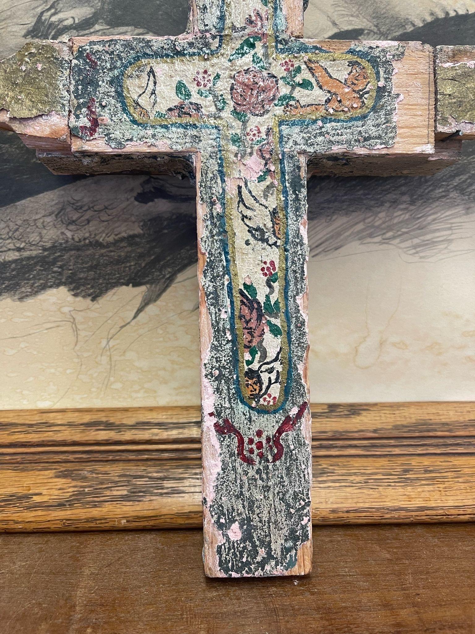 Mid-Century Modern Vintage Wooden Hand Painted Cross. For Sale