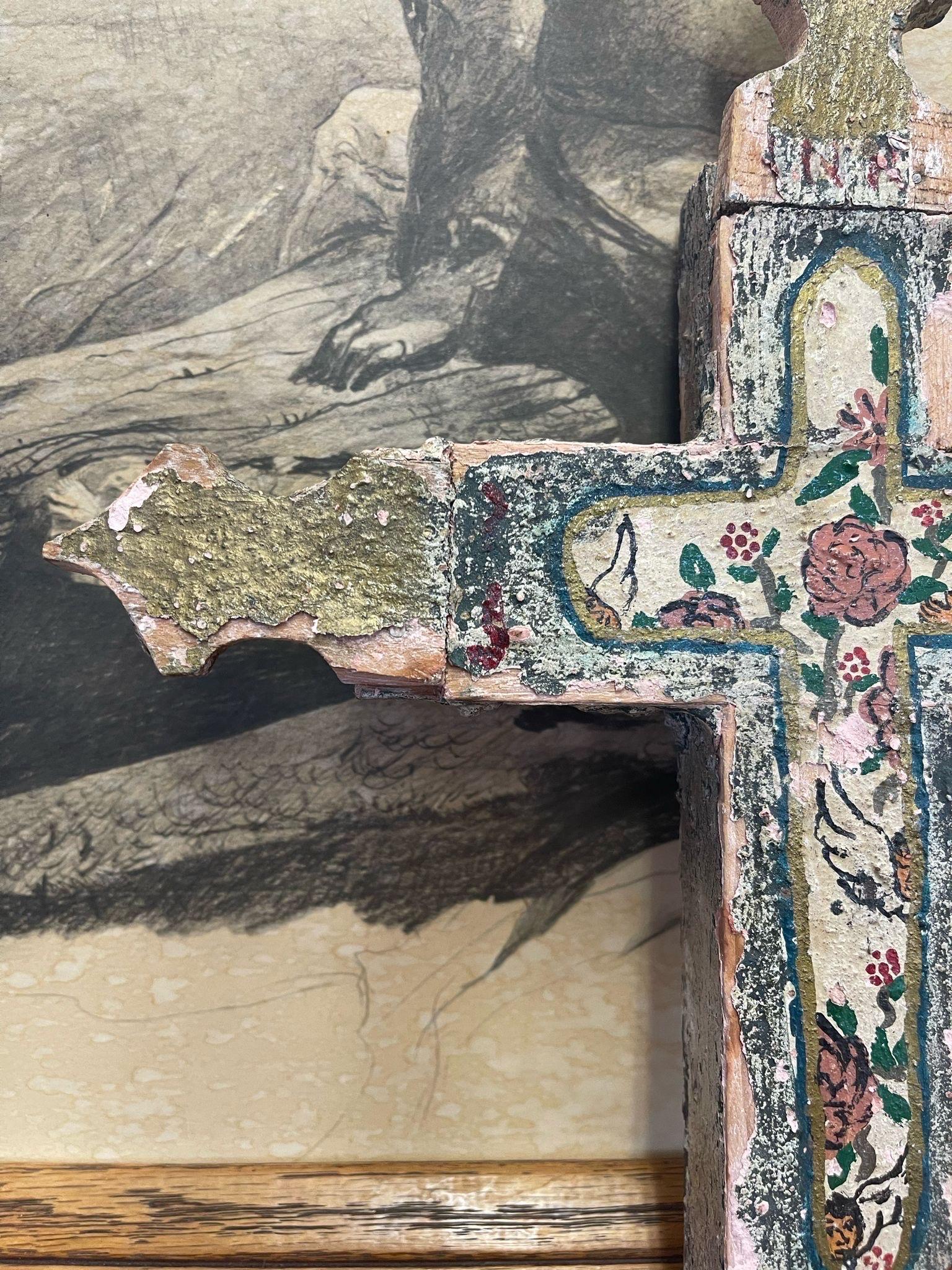 Vintage Wooden Hand Painted Cross. In Good Condition For Sale In Seattle, WA