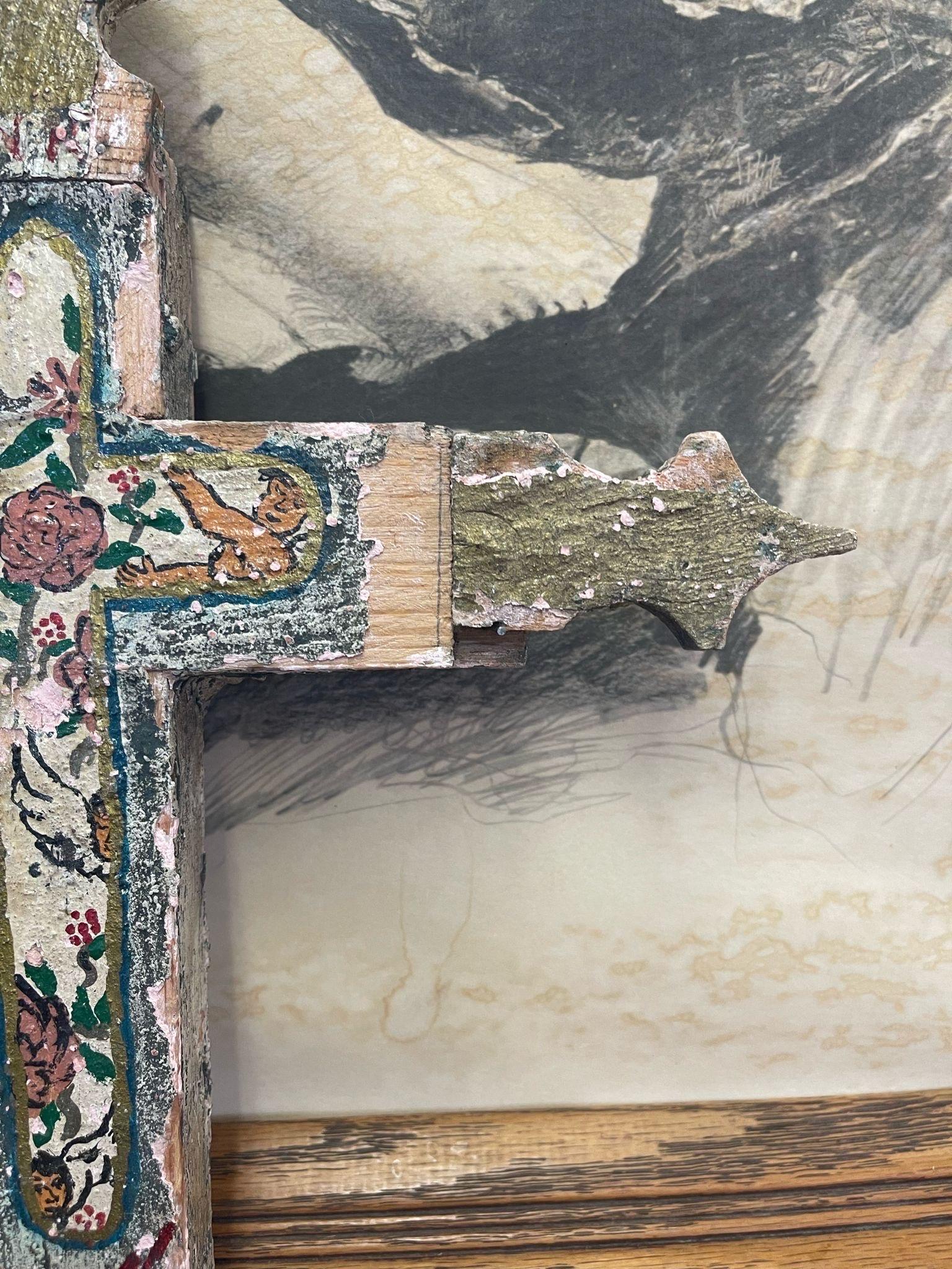 Late 20th Century Vintage Wooden Hand Painted Cross. For Sale