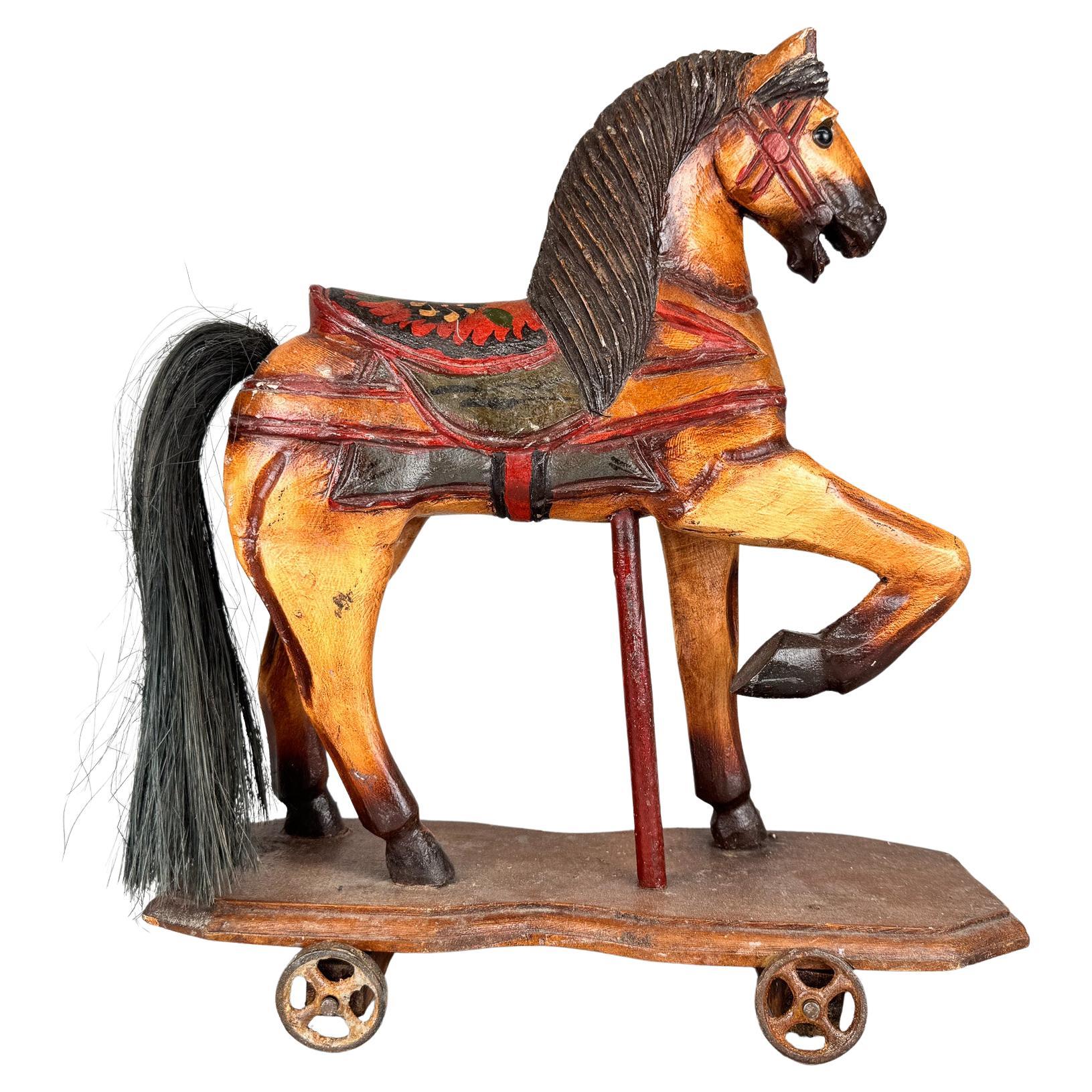 Vintage Wooden Horse on Wheels For Sale