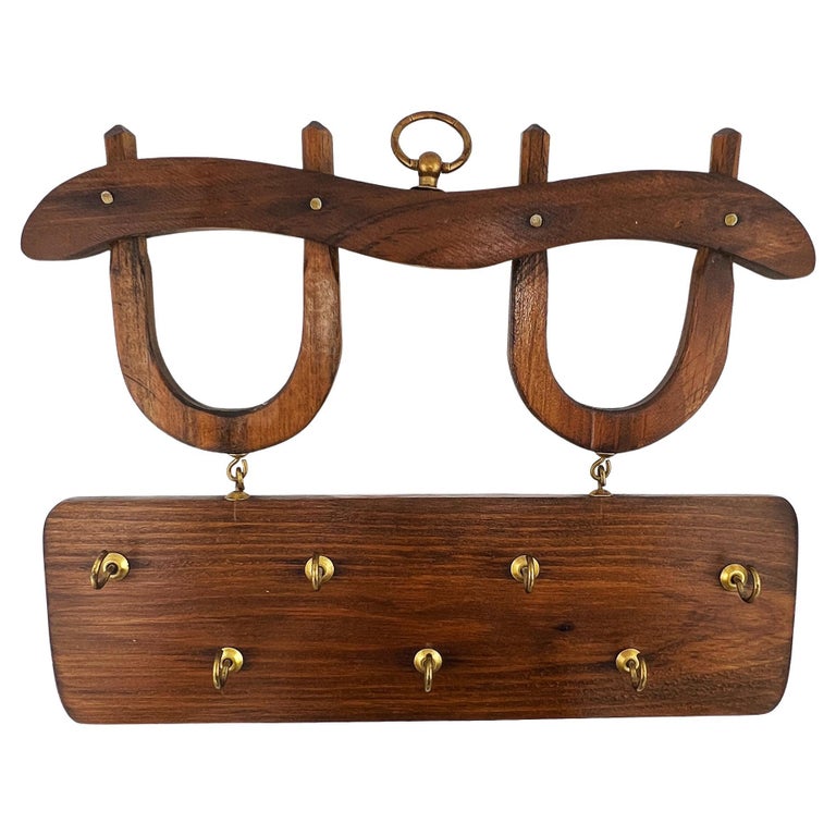 Llavero Herradura Vintage de Madera con Ganchos de Latón Estante