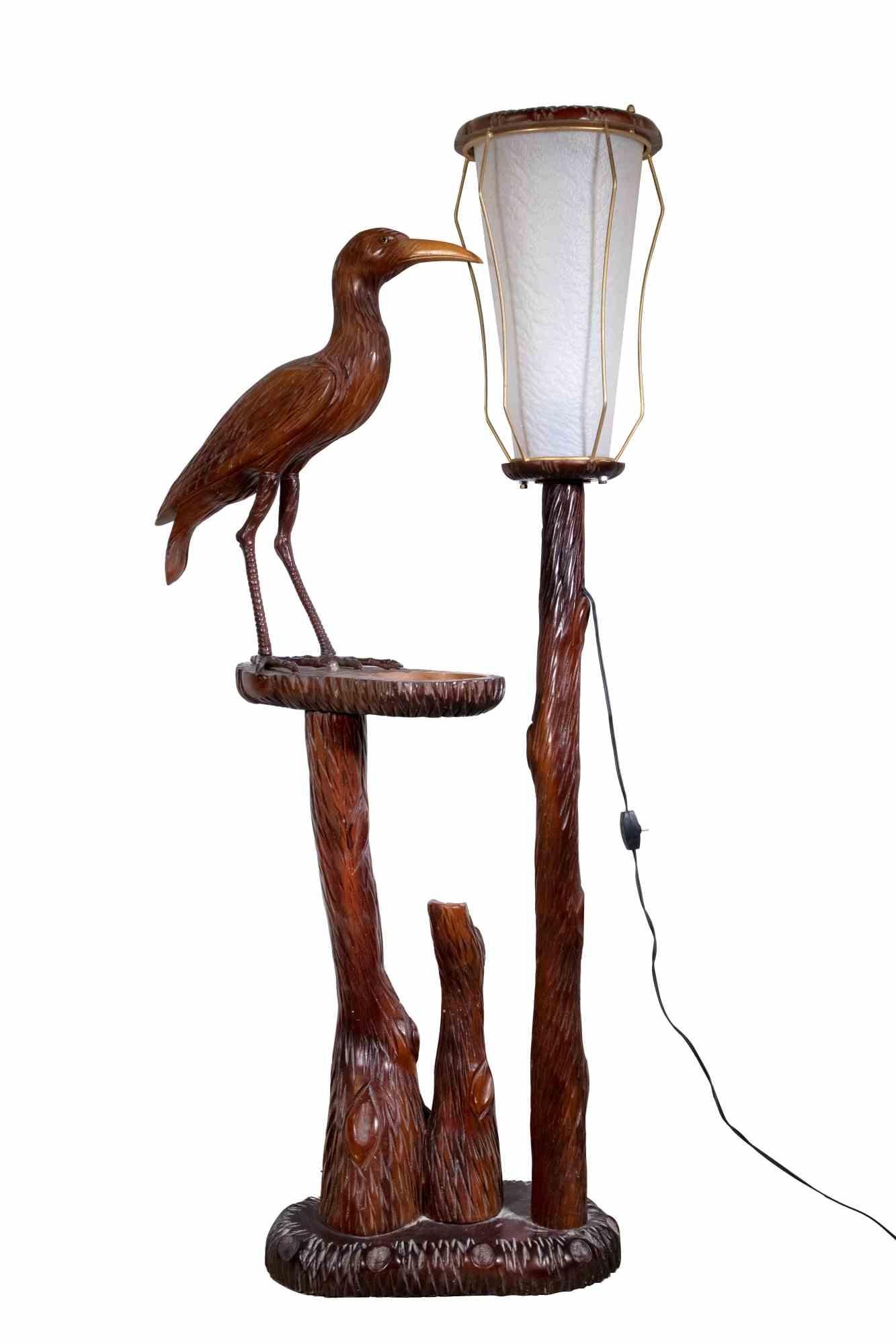 Vintage Wooden Lamp with Bird, Italian Lamp by Aldo Tura, Italy, 1950s For Sale