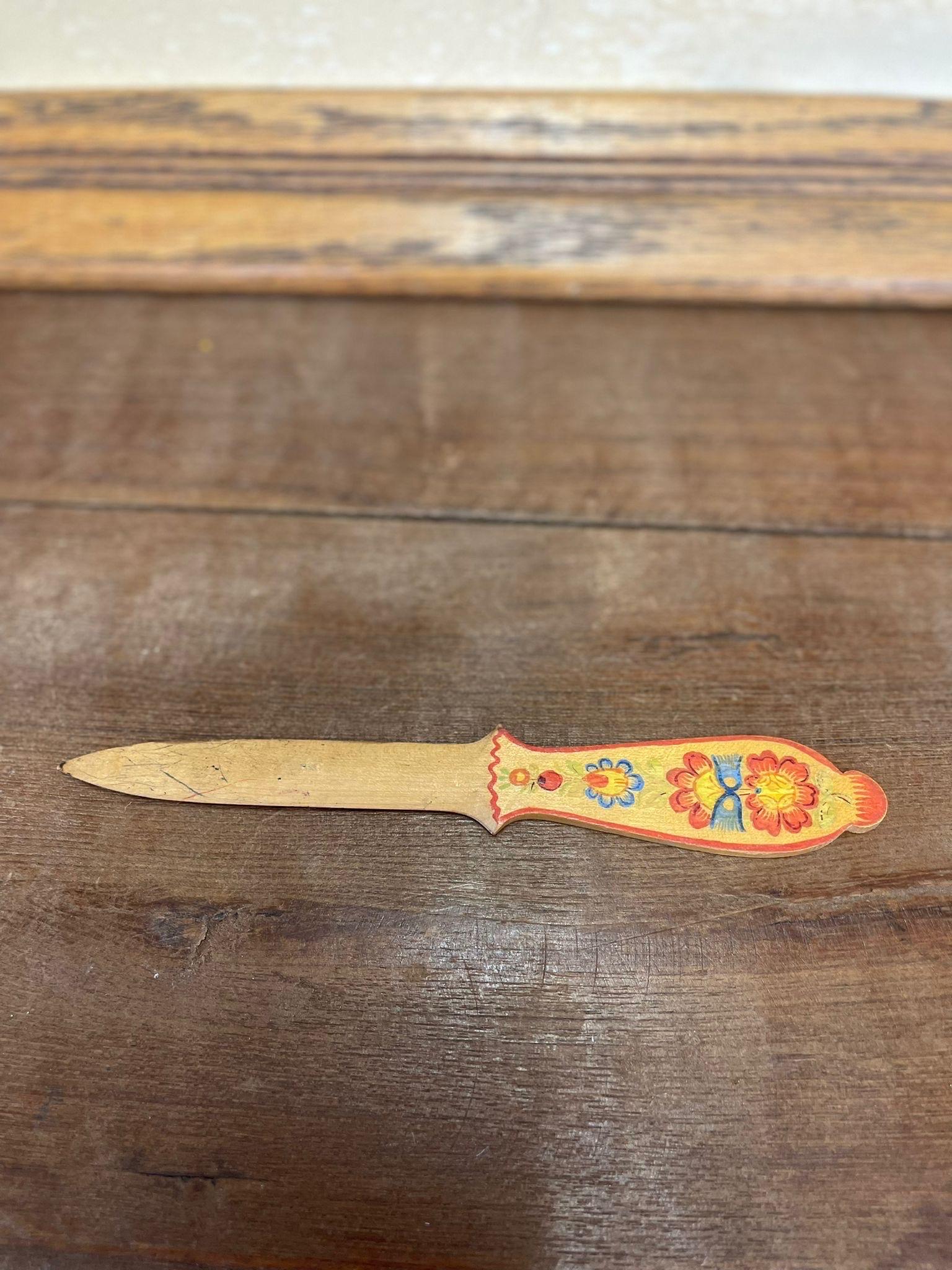 Late 20th Century Vintage Wooden Letter Opener With Folk Style Art on Handles. For Sale