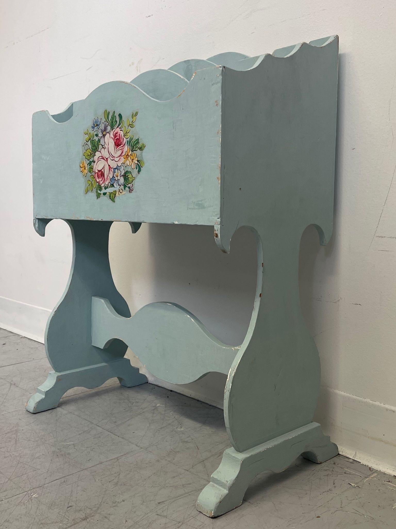 Mid-Century Modern Vintage Wooden Magazine Rack With Floral Motif. For Sale