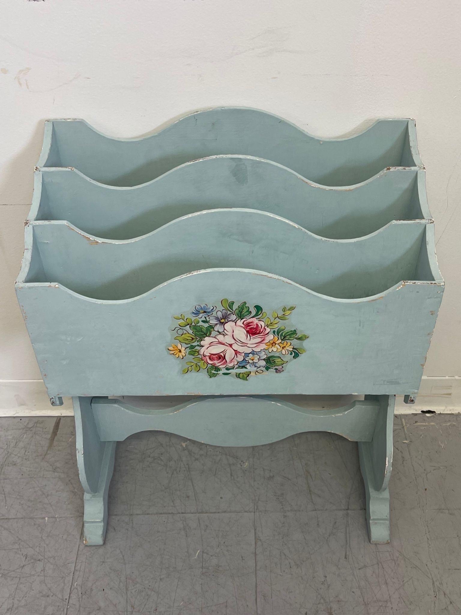 Late 20th Century Vintage Wooden Magazine Rack With Floral Motif. For Sale