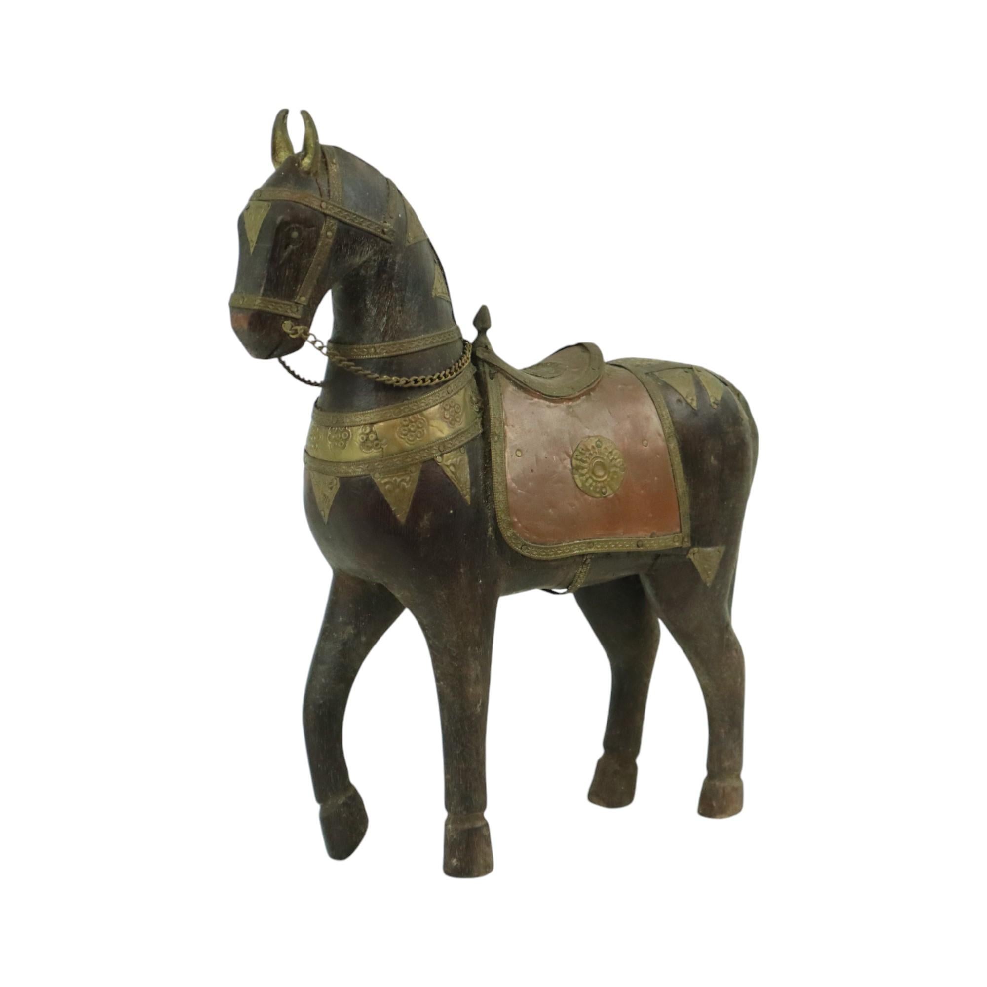 20th Century Vintage Wooden Marwari Horse Copper Brass Statue Sculpture 27cm For Sale