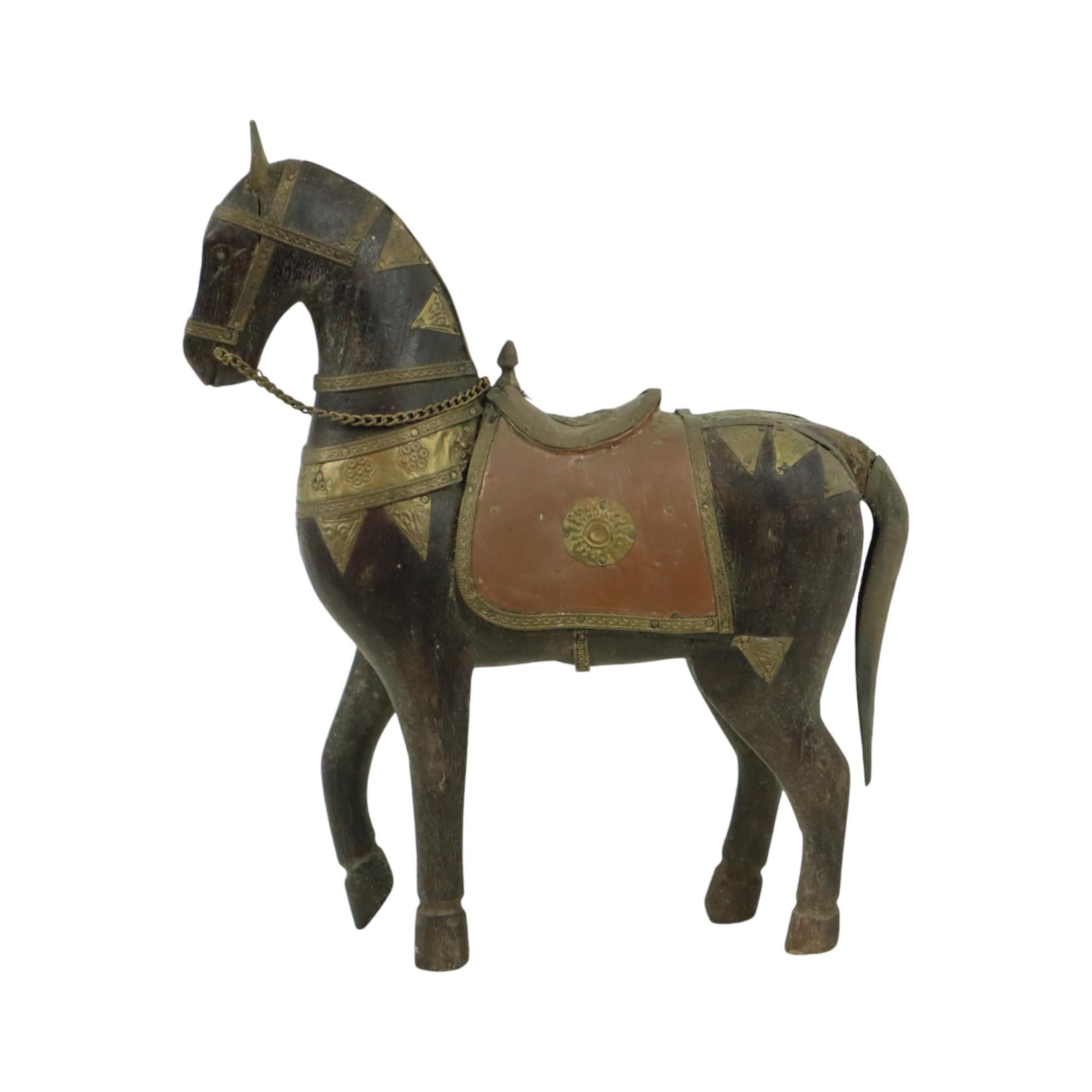 Vintage Wooden Marwari Horse Copper Brass Statue Sculpture 27cm For Sale 1