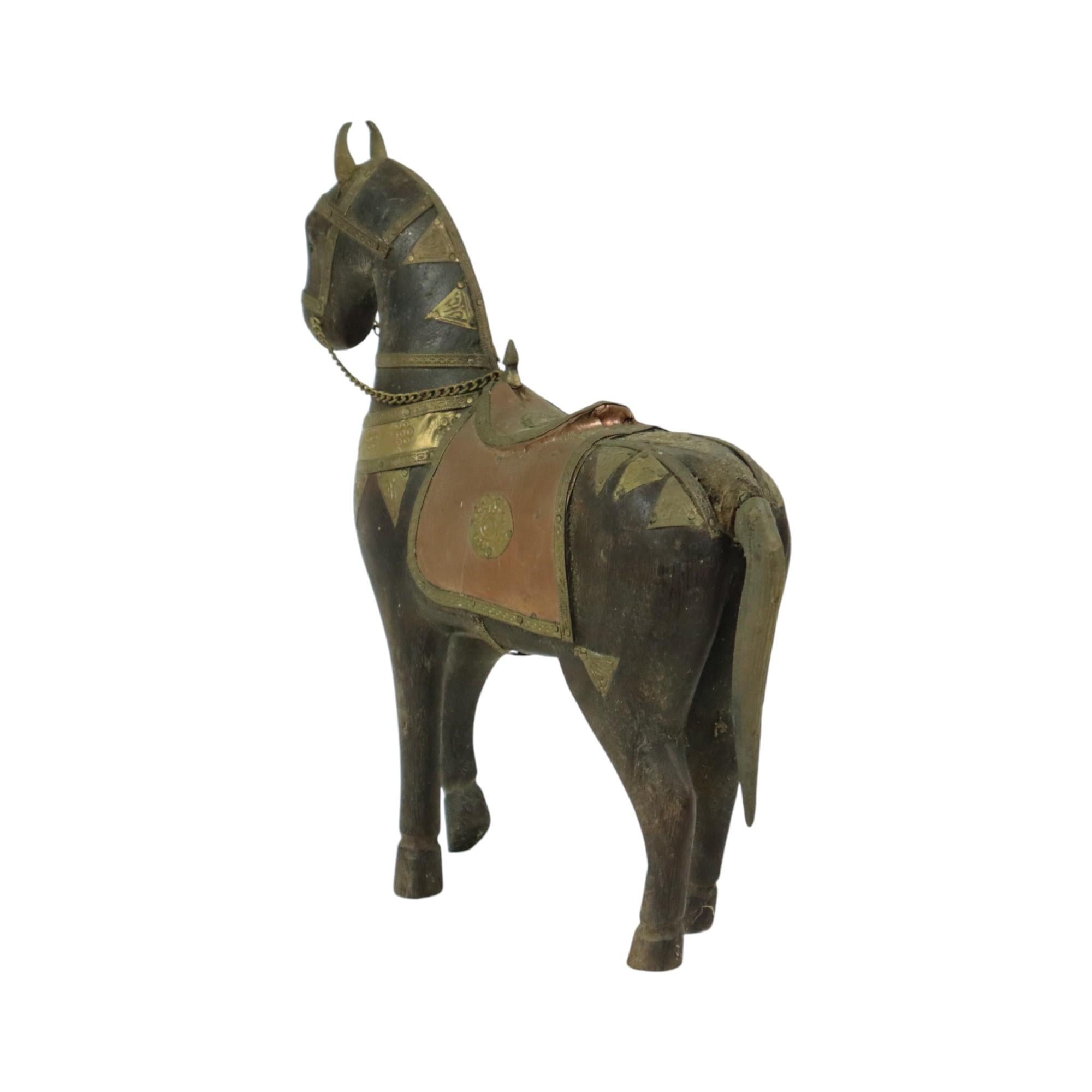 Vintage Wooden Marwari Horse Copper Brass Statue Sculpture 27cm For Sale 2