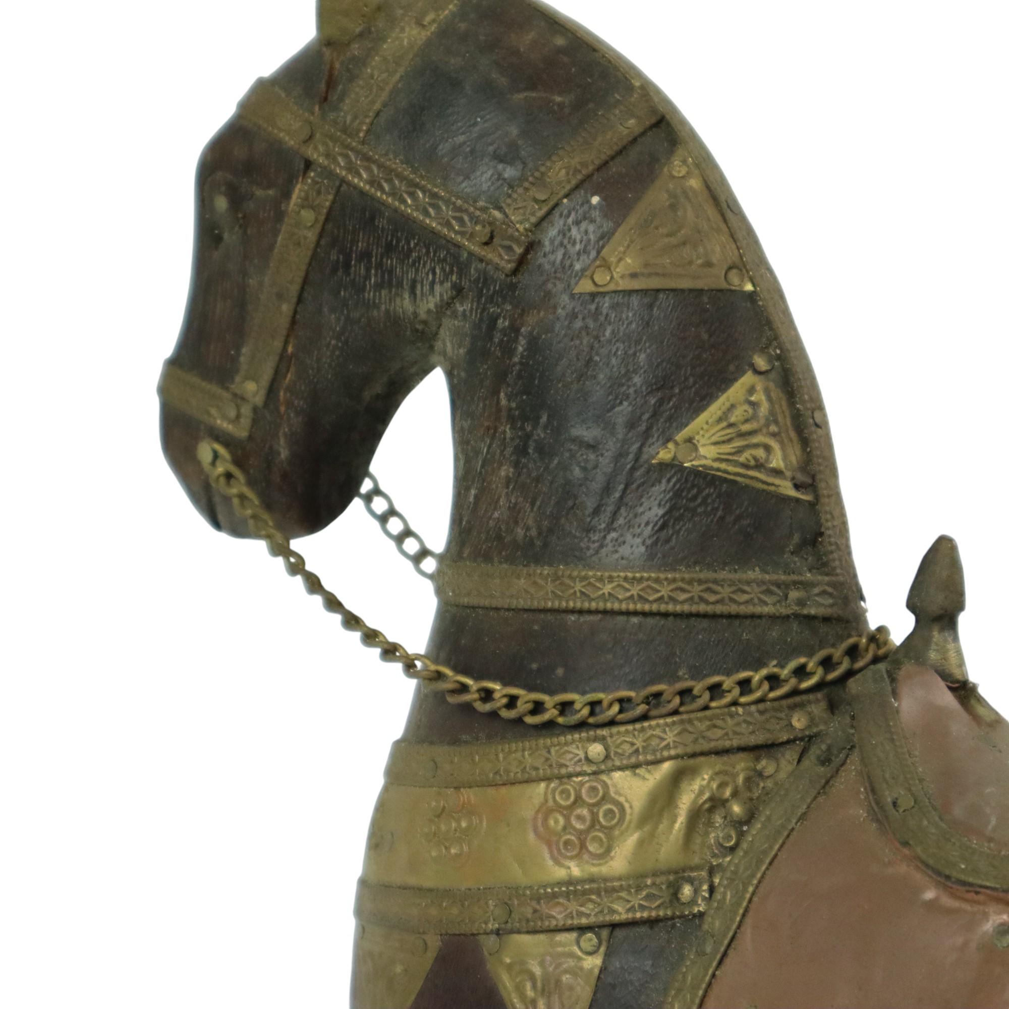 Vintage Wooden Marwari Horse Copper Brass Statue Sculpture 27cm For Sale 3